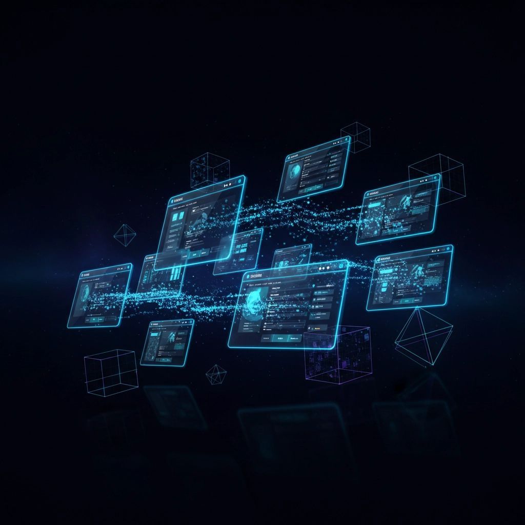 Glowing blue digital interfaces connected by data streams against a dark backdrop.