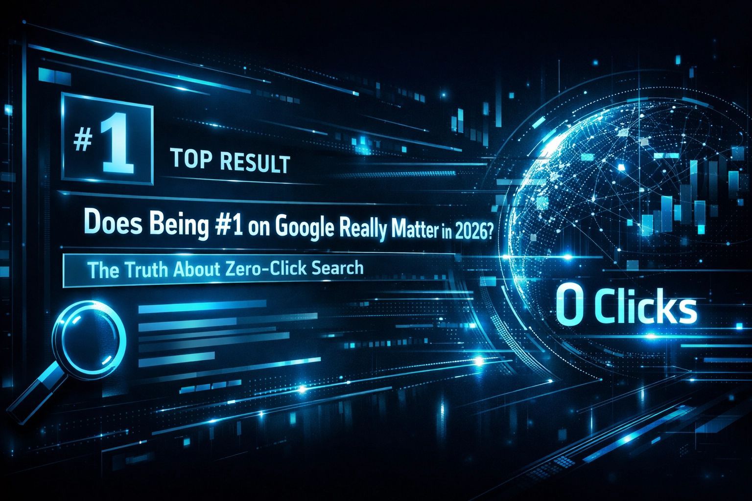 A futuristic digital display in blue tones featuring the text 