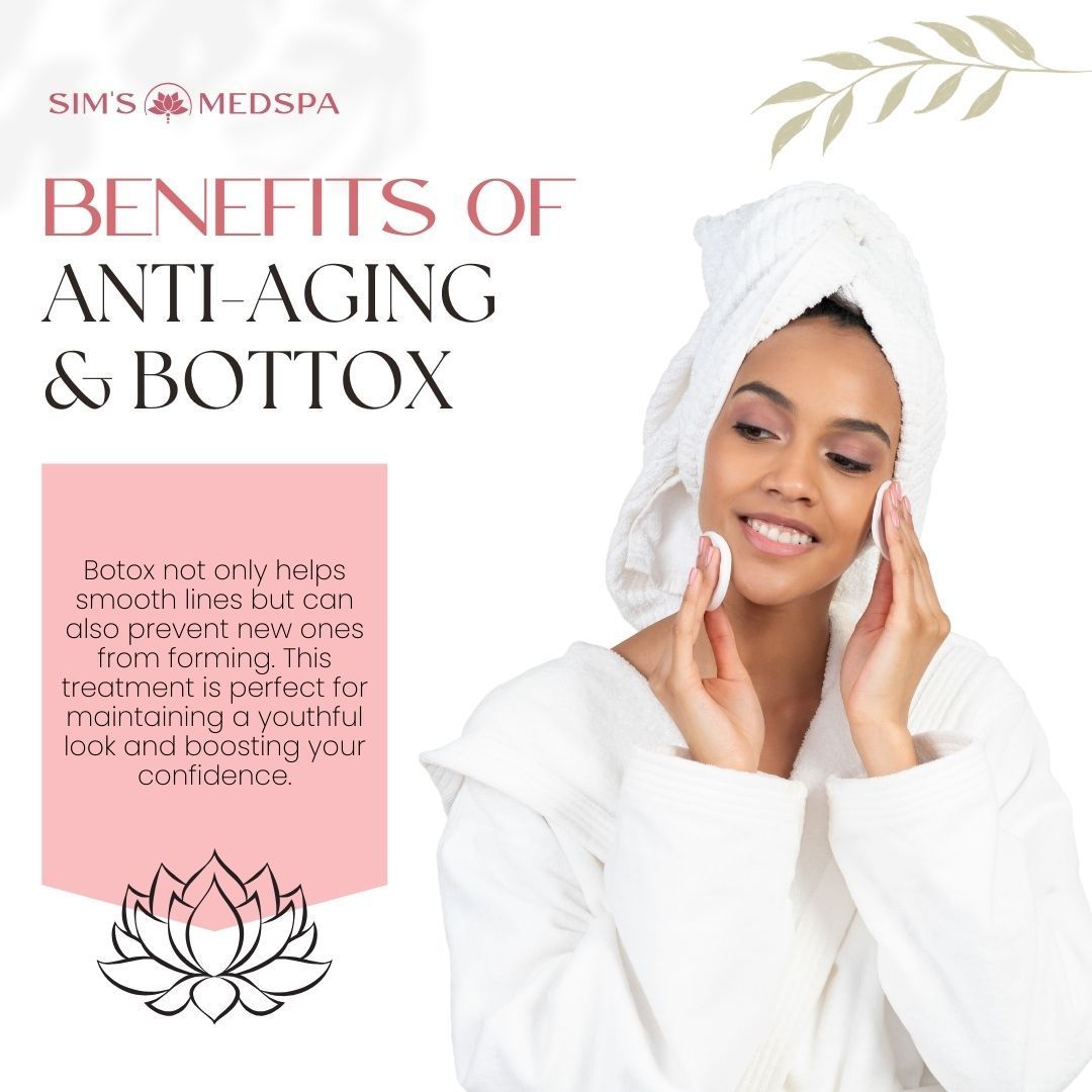 Advertisement for anti-aging & Botox. Woman in a towel, cleansing her face. Text: