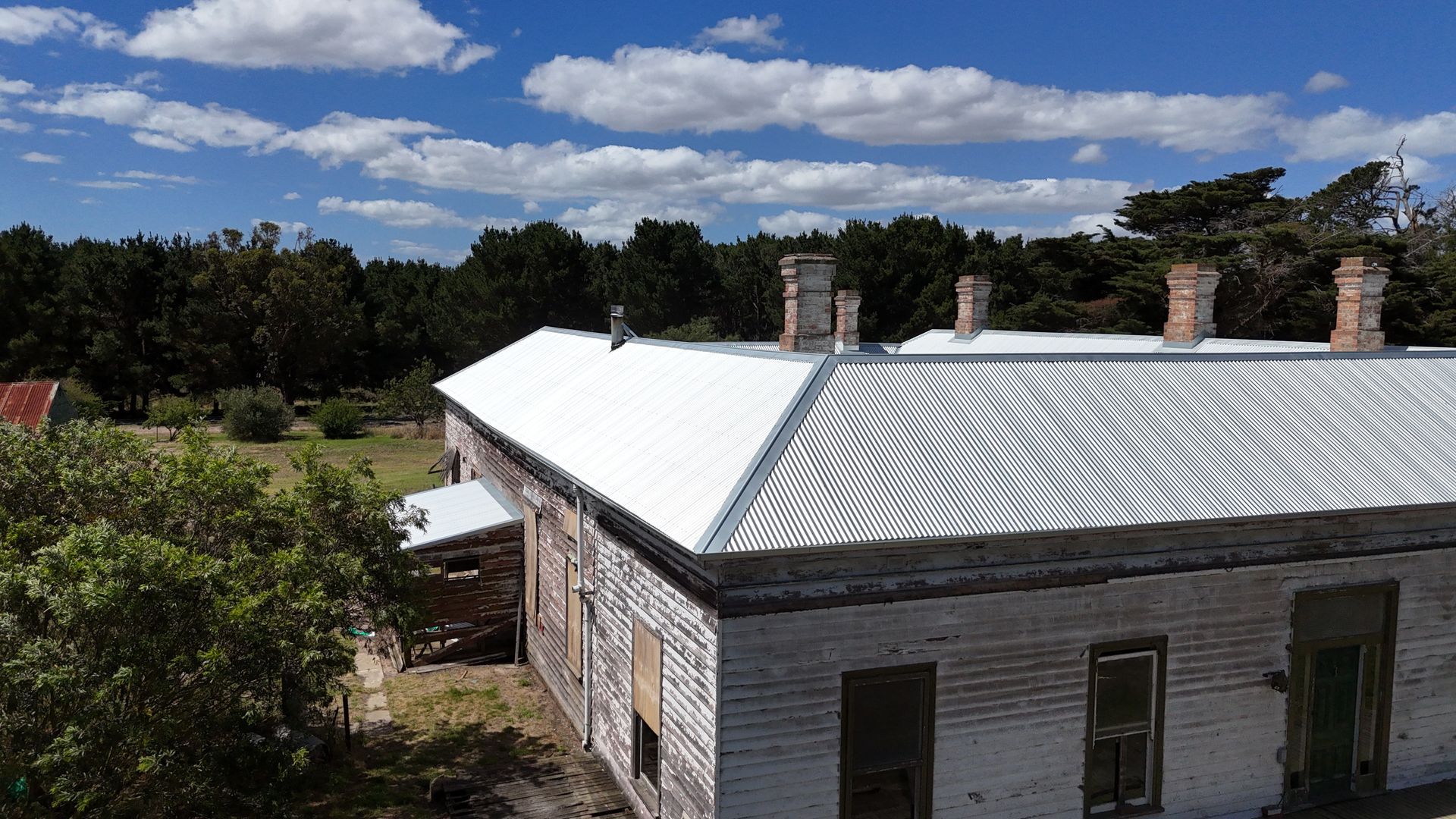 A roof with a lot of lines on it and trees in the background.