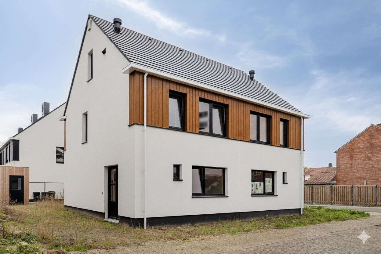 Modern wit huis met bruine houten accenten, zwarte ramen en een zwart, golvend dak onder een bewolkte hemel.
