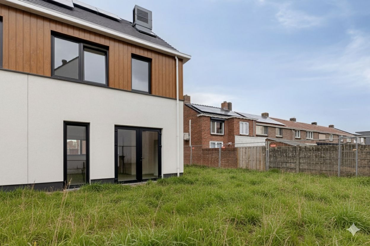 Een huis met twee verdiepingen, bruine gevelbekleding op de bovenverdieping, witte gevelbekleding op de onderverdieping en overwoekerd gras in een buitenwijk.