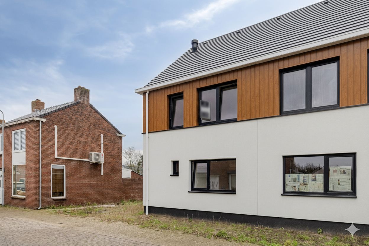Een huis met twee verdiepingen, bekleed met witte en houten gevelbekleding, staat naast een bakstenen gebouw, onder een bewolkte hemel.