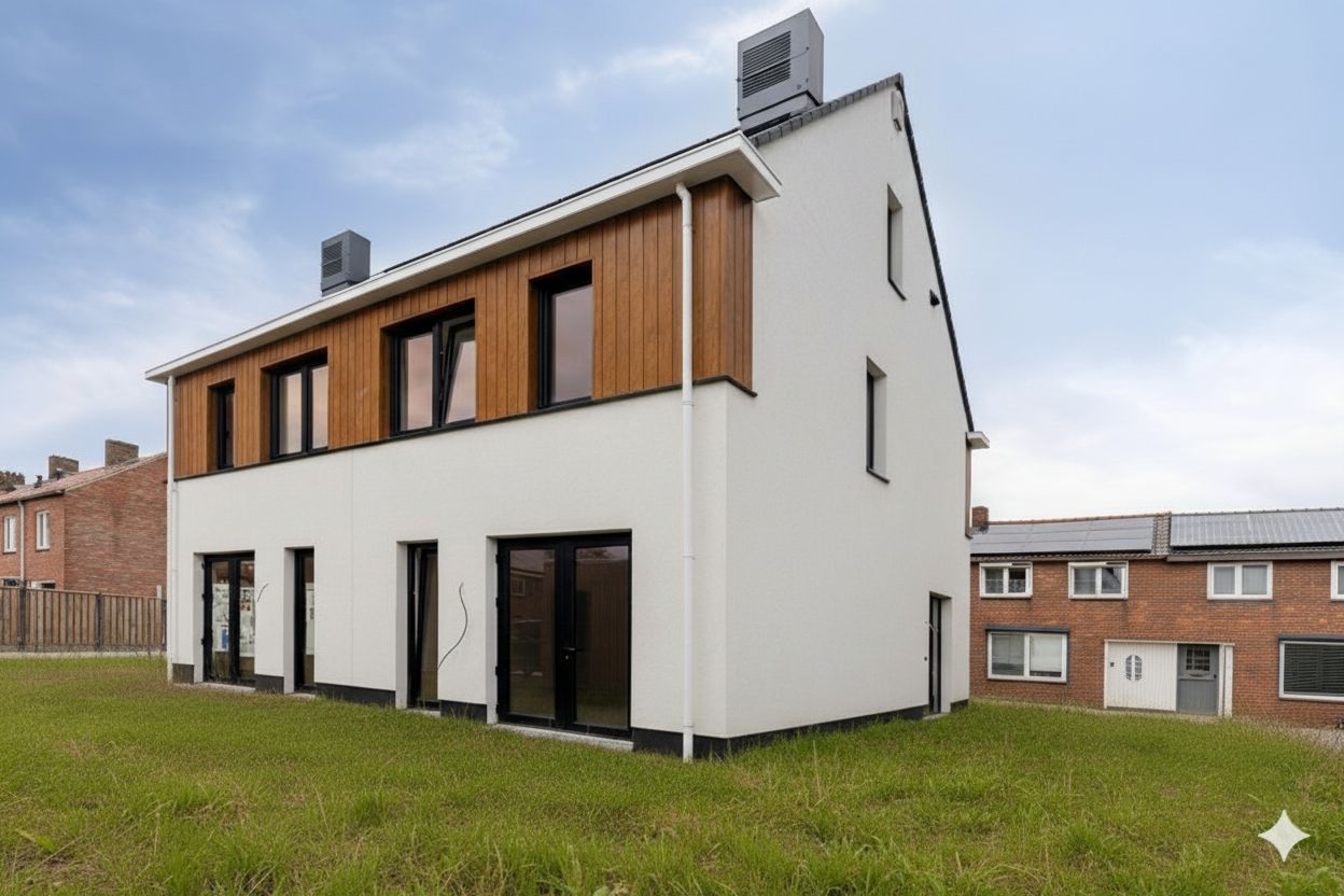 Moderne woning met twee verdiepingen, een witte buitenkant, bruine houten accenten en zwart omlijste ramen; met een grasveldje in de tuin.
