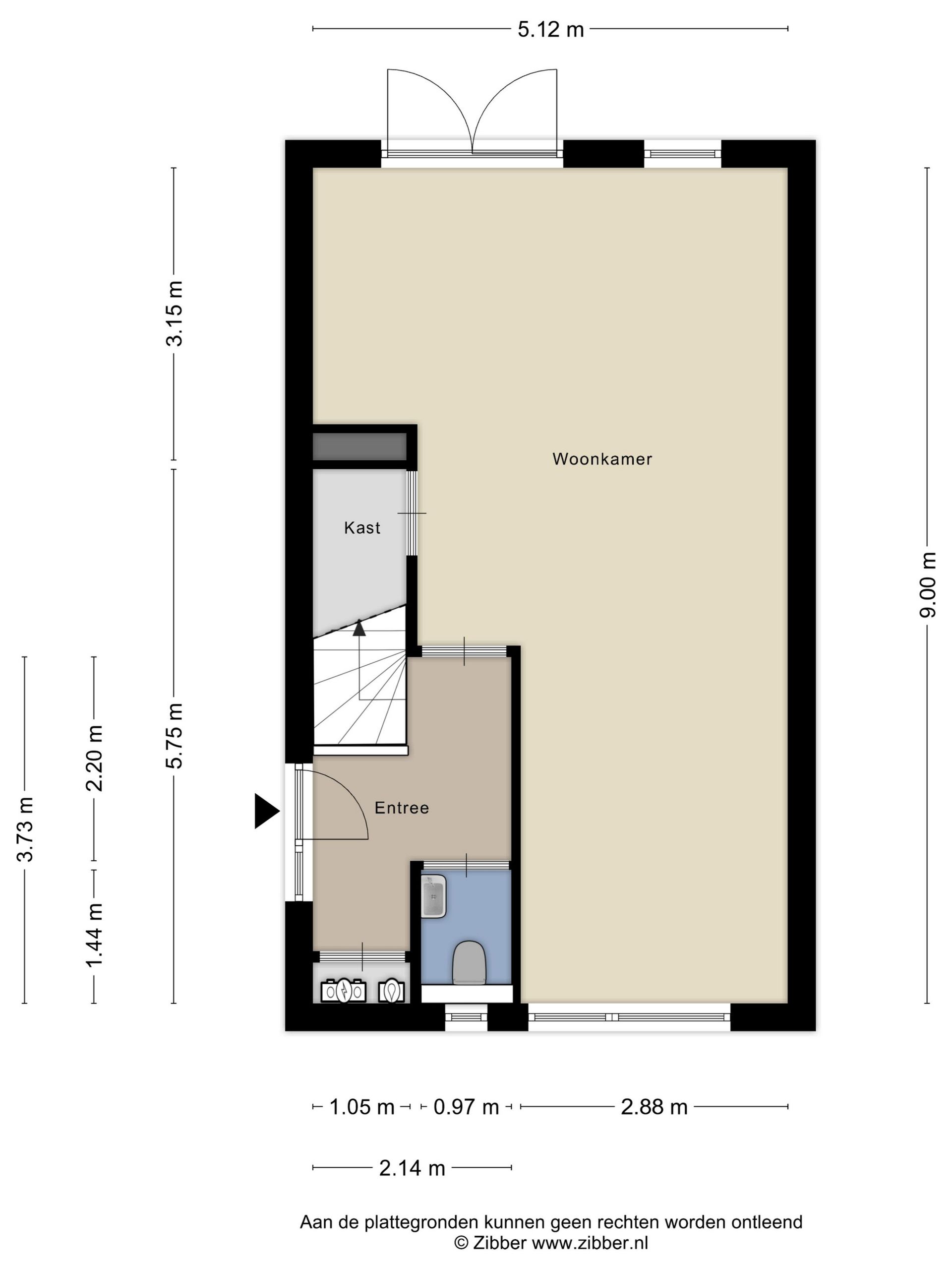 Plattegrond van een klein studioappartement, met woonkamer, badkamer en kitchenette; lichte muren, donkere randen.