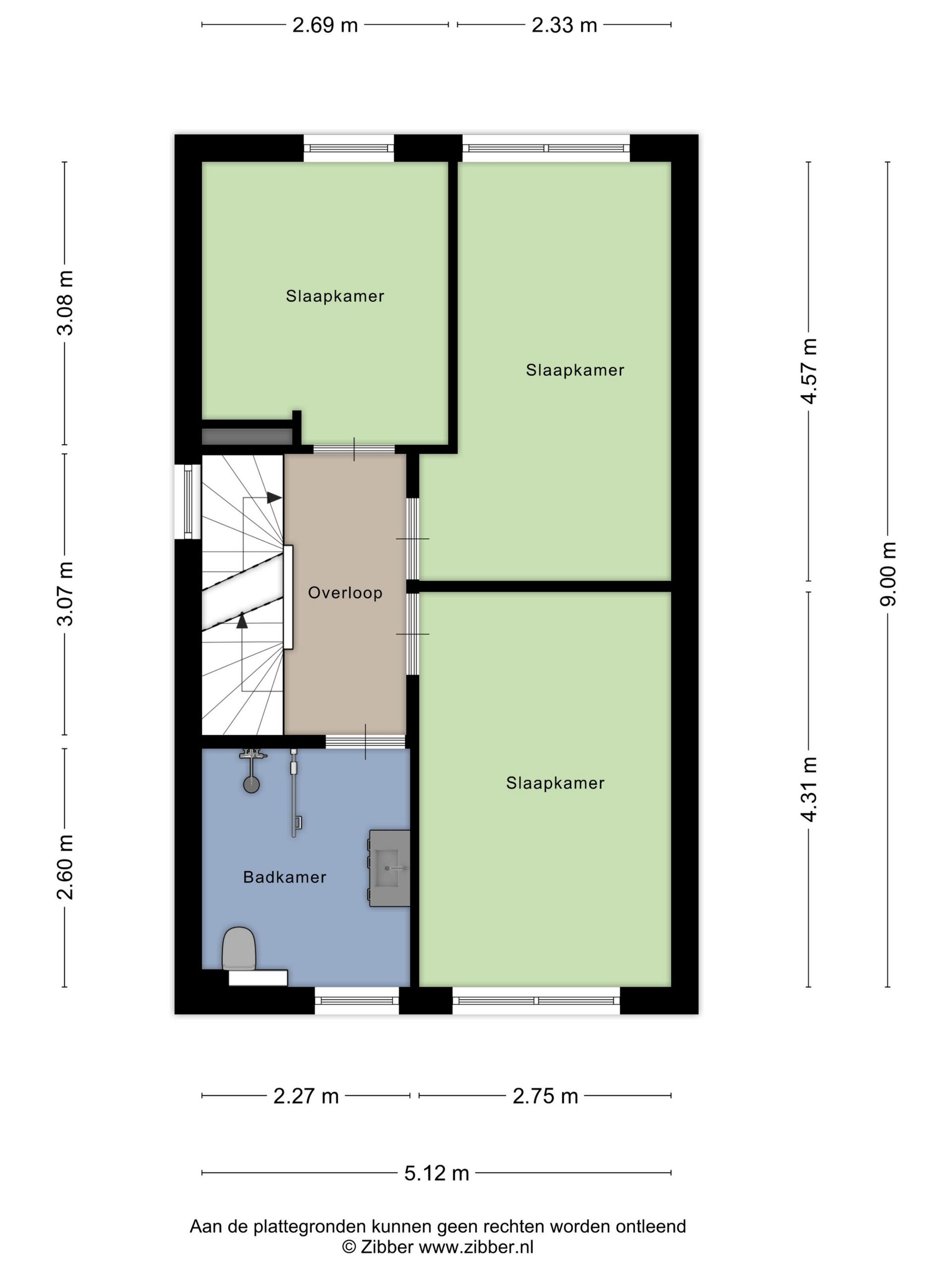 Plattegrond van een gebouw met meerdere kamers, aangeduid als: badkamer, keuken, woonkamer en slaapkamer.