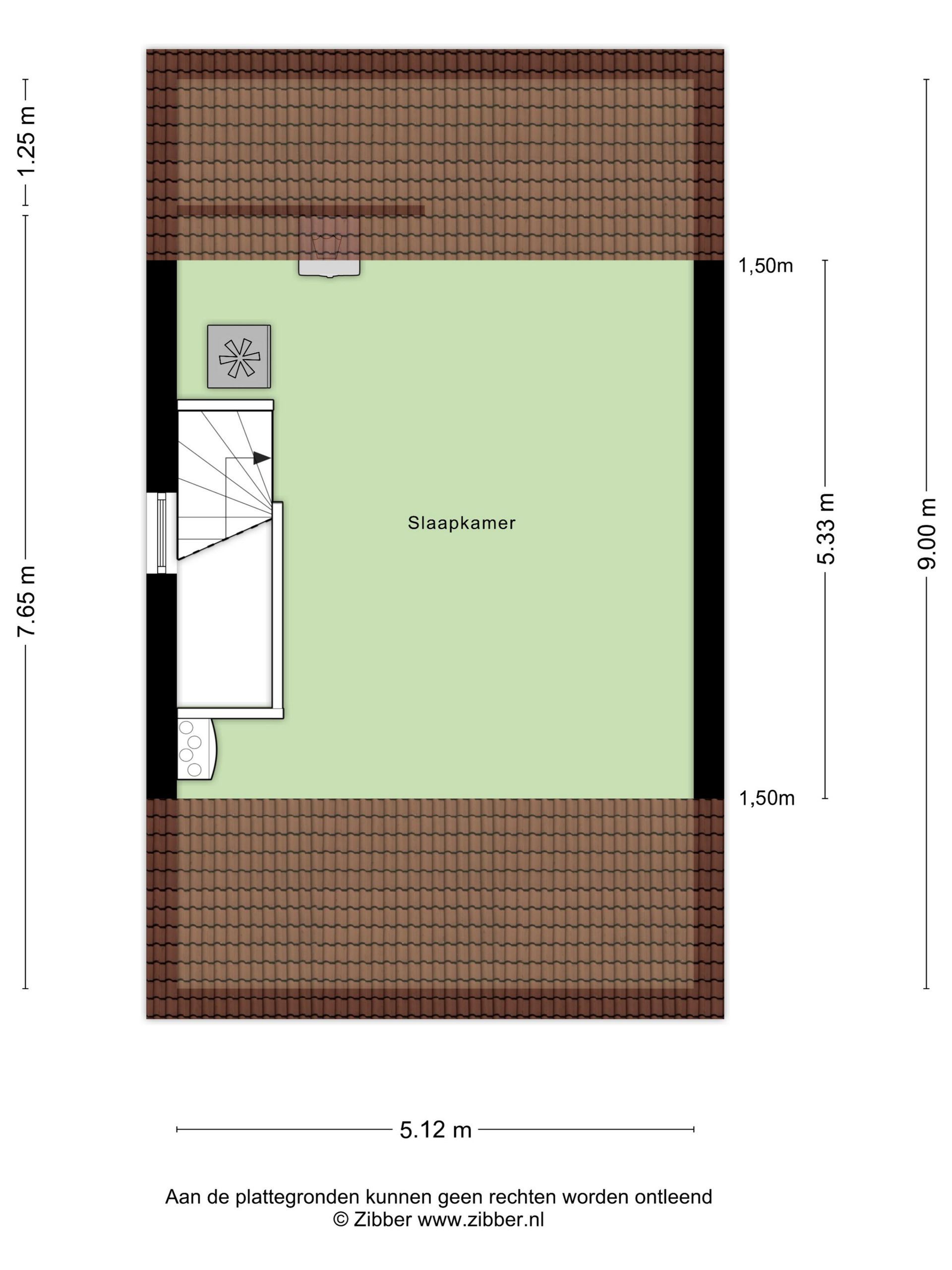 Plattegrond van een kamer, bruin en groen, met de afmetingen erbij vermeld.