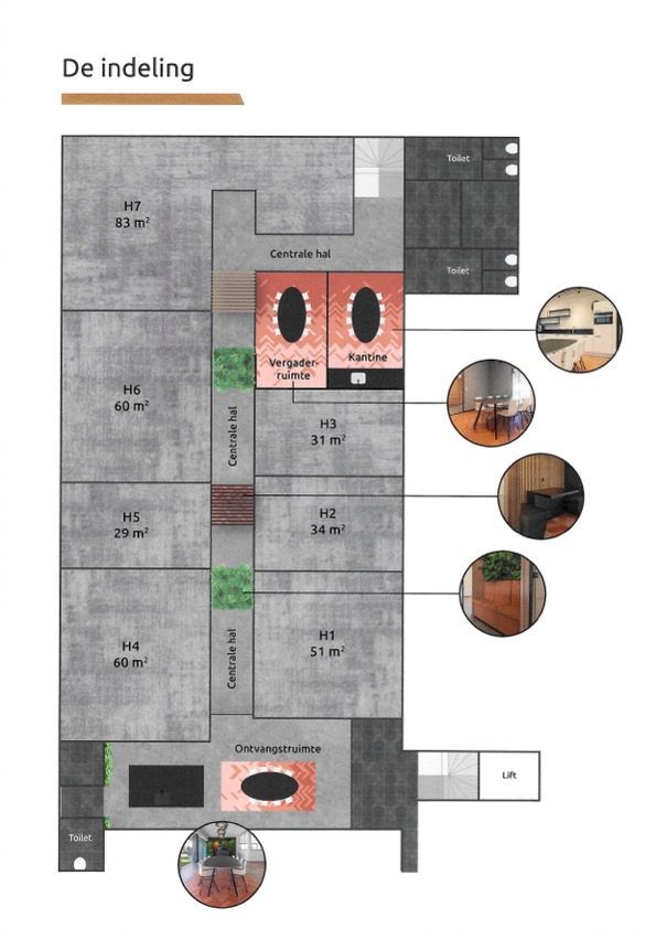 Plattegrond van een gebouw, met aanduiding van de kamers, meubels en decoratieve elementen.