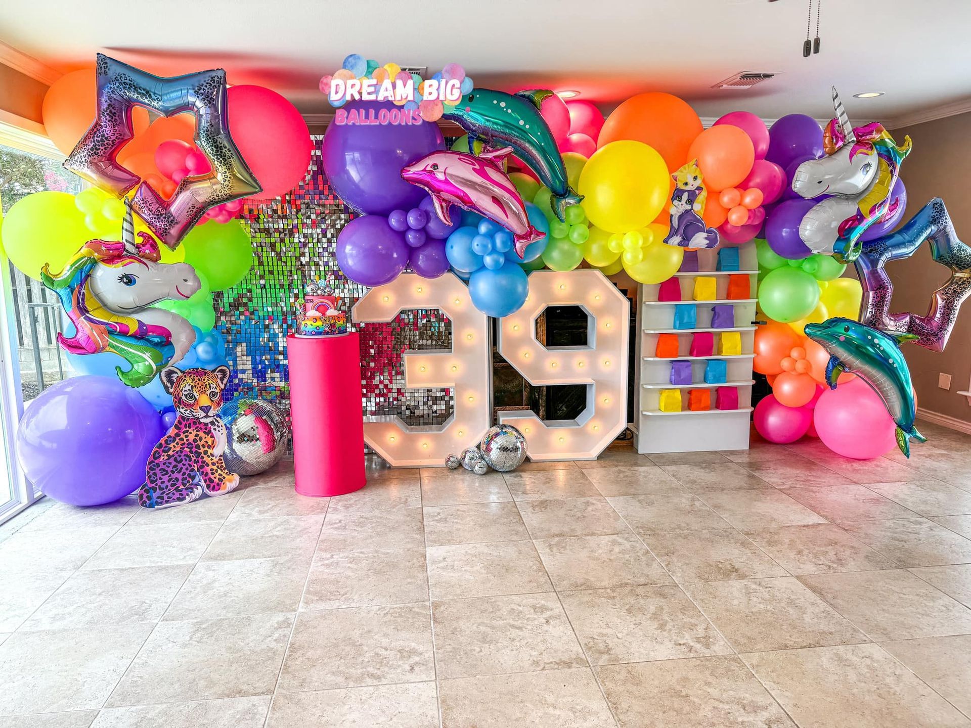 lisa frank balloons birthday party waco texas arch garland shimmer wall