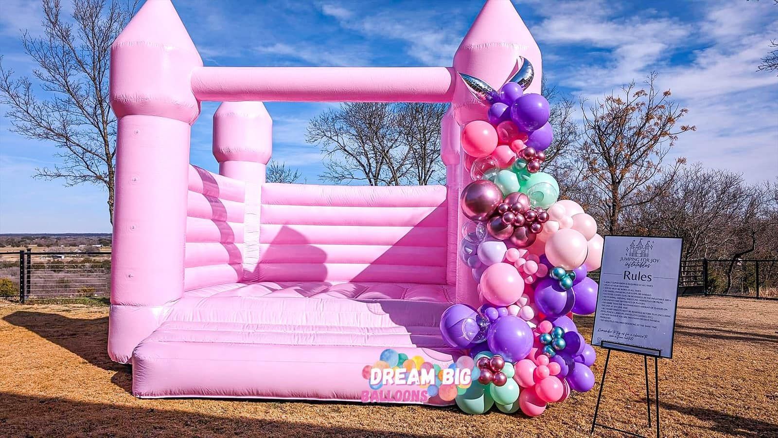 a pink bouncy castle surrounded by balloons in a field