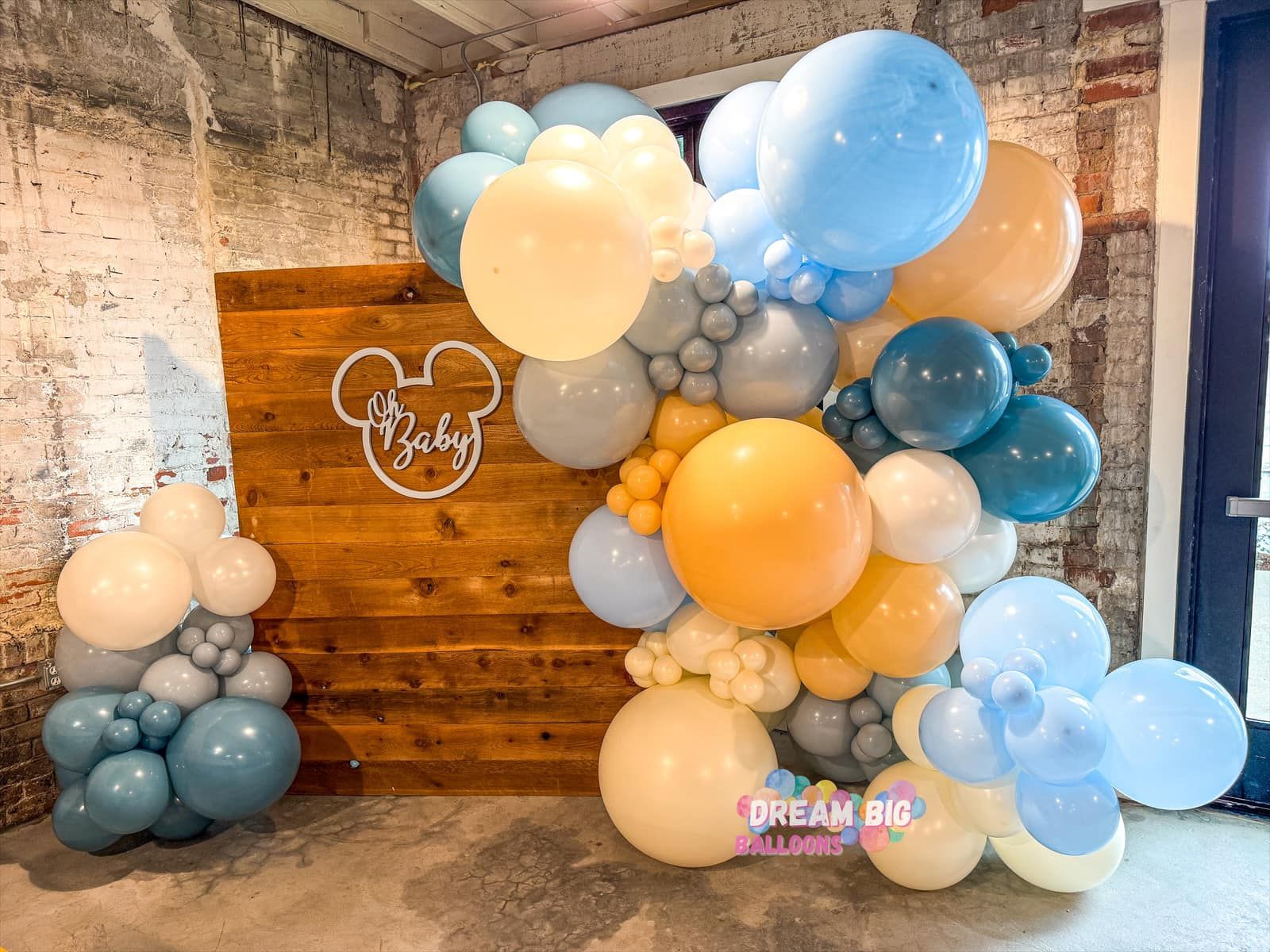wooden wall balloon arch garland baby shower waco texas