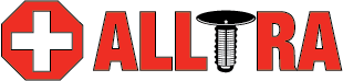 Red octagon with white cross, red letters spelling ALLTRA with a screw in place of the second L.