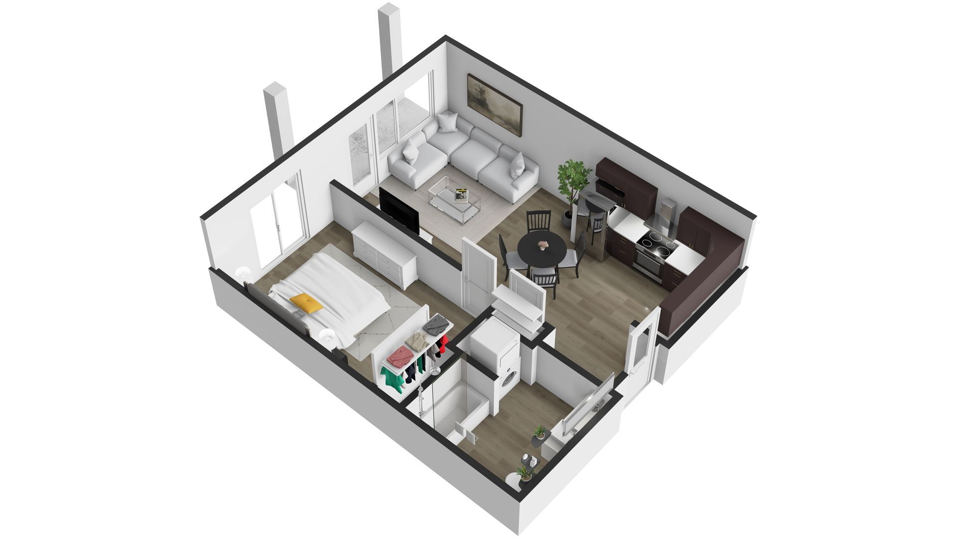 A 3d floor plan of a house with a living room , bedroom , dining room , and kitchen.