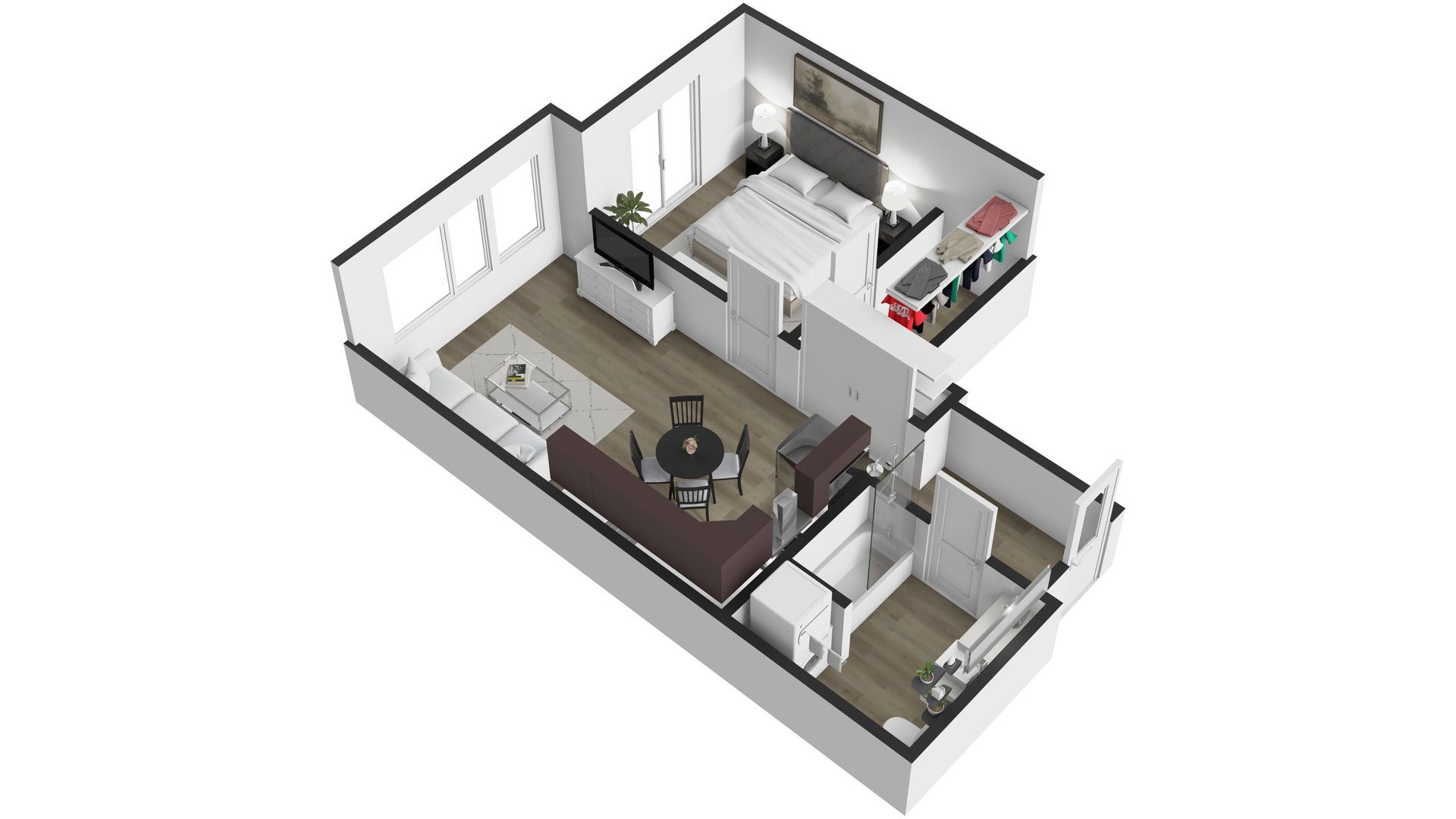An isometric floor plan of a small apartment with a bedroom , living room , and kitchen.