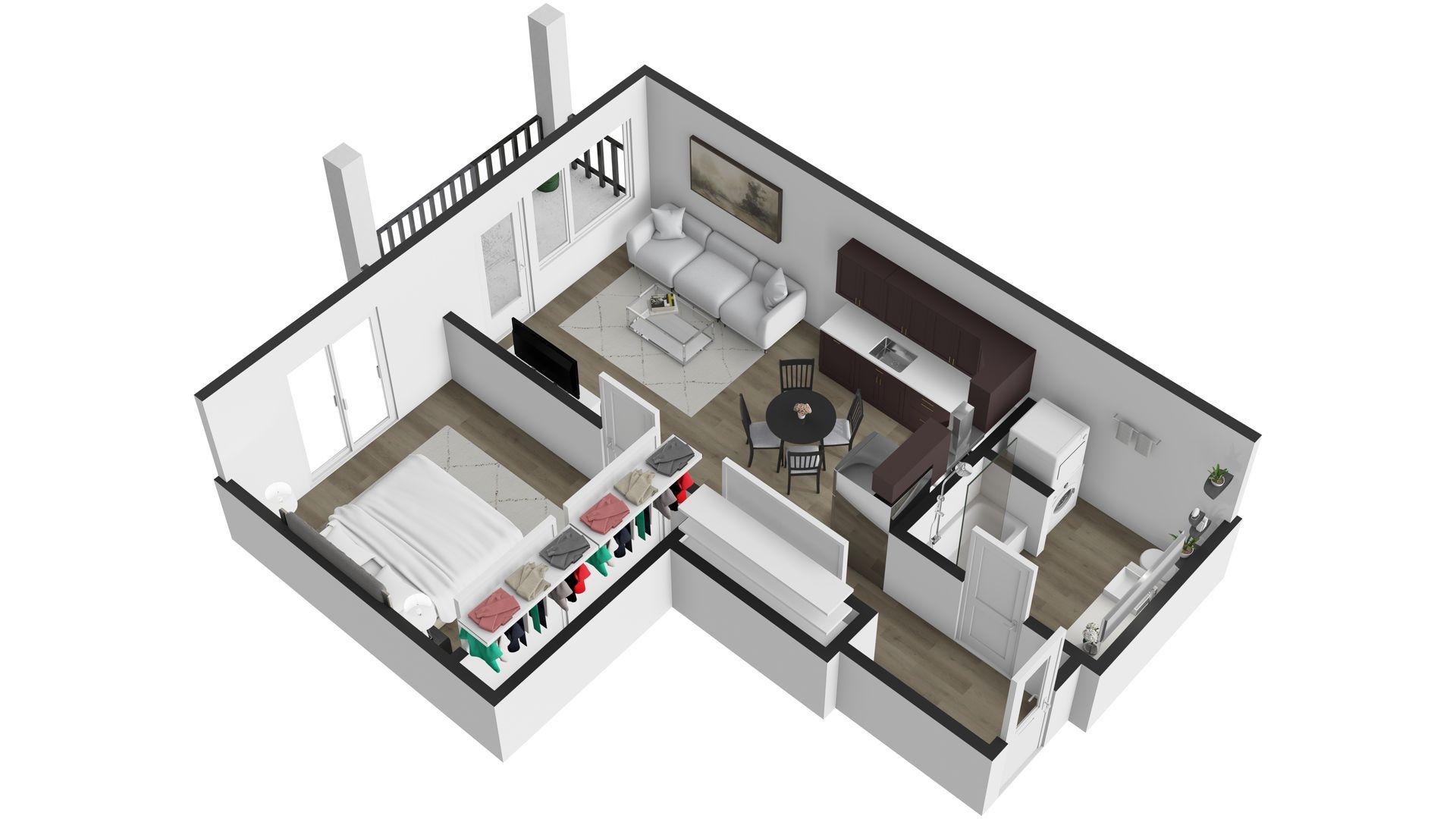 A 3d floor plan of a house with a balcony