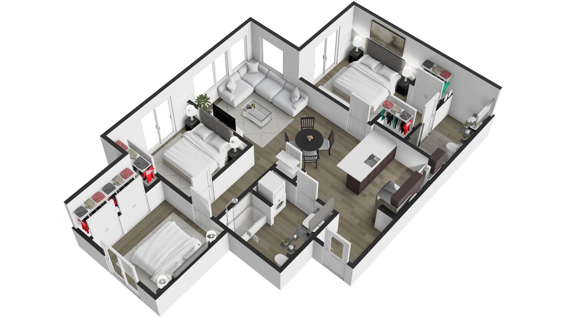 A 3d floor plan of a house with a lot of furniture.