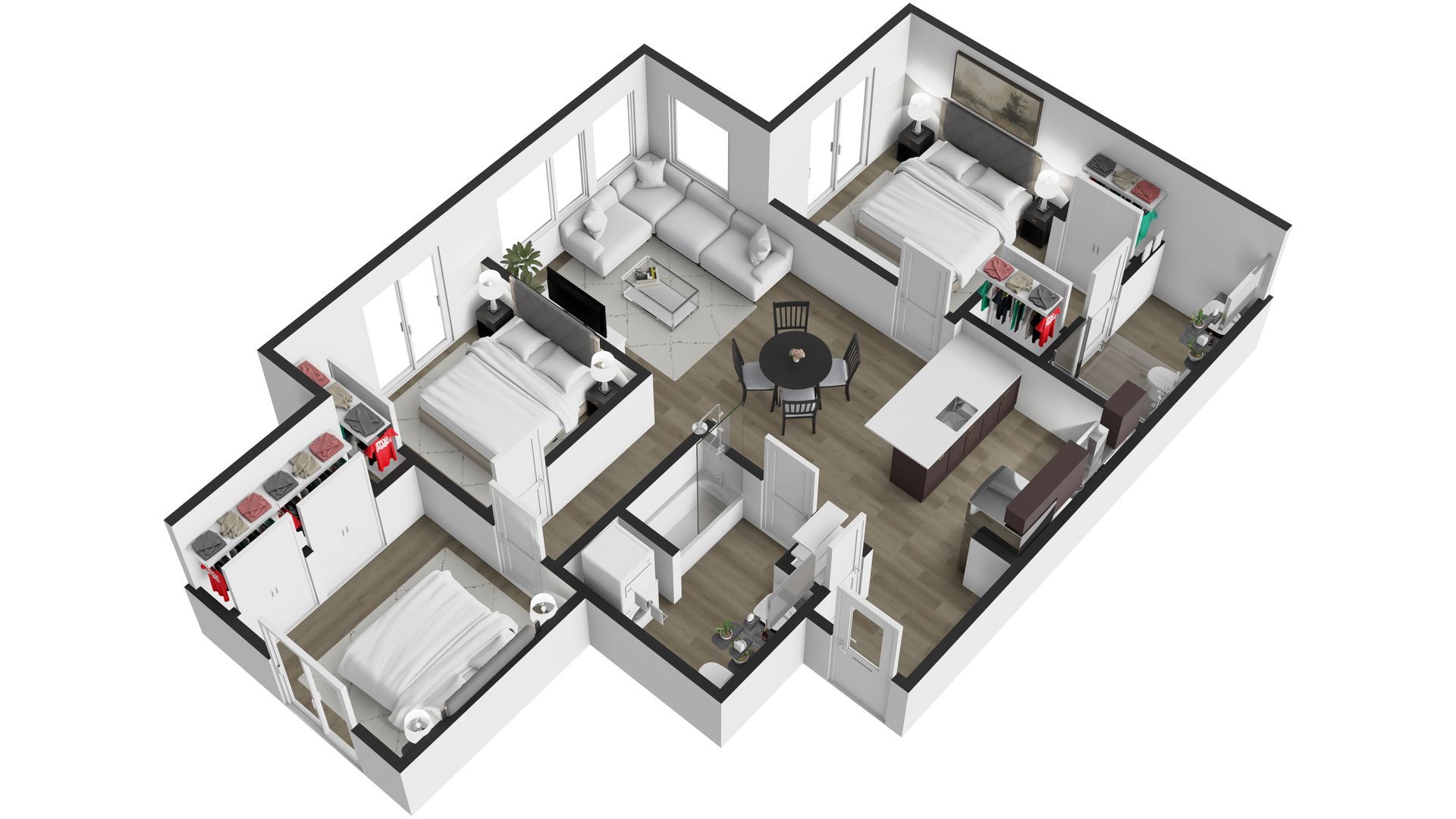 A 3d floor plan of a house with a lot of furniture.