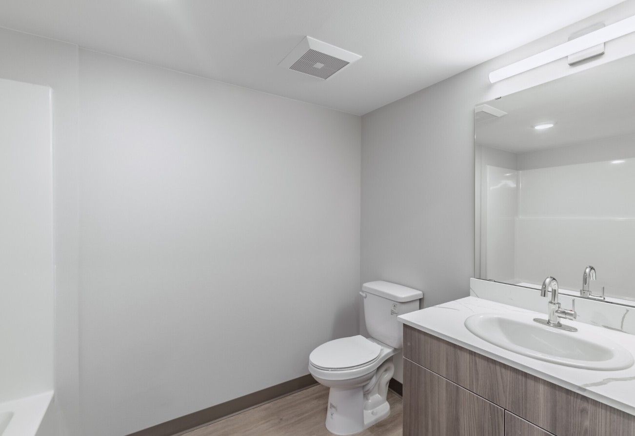 A bathroom with a toilet , sink and mirror.