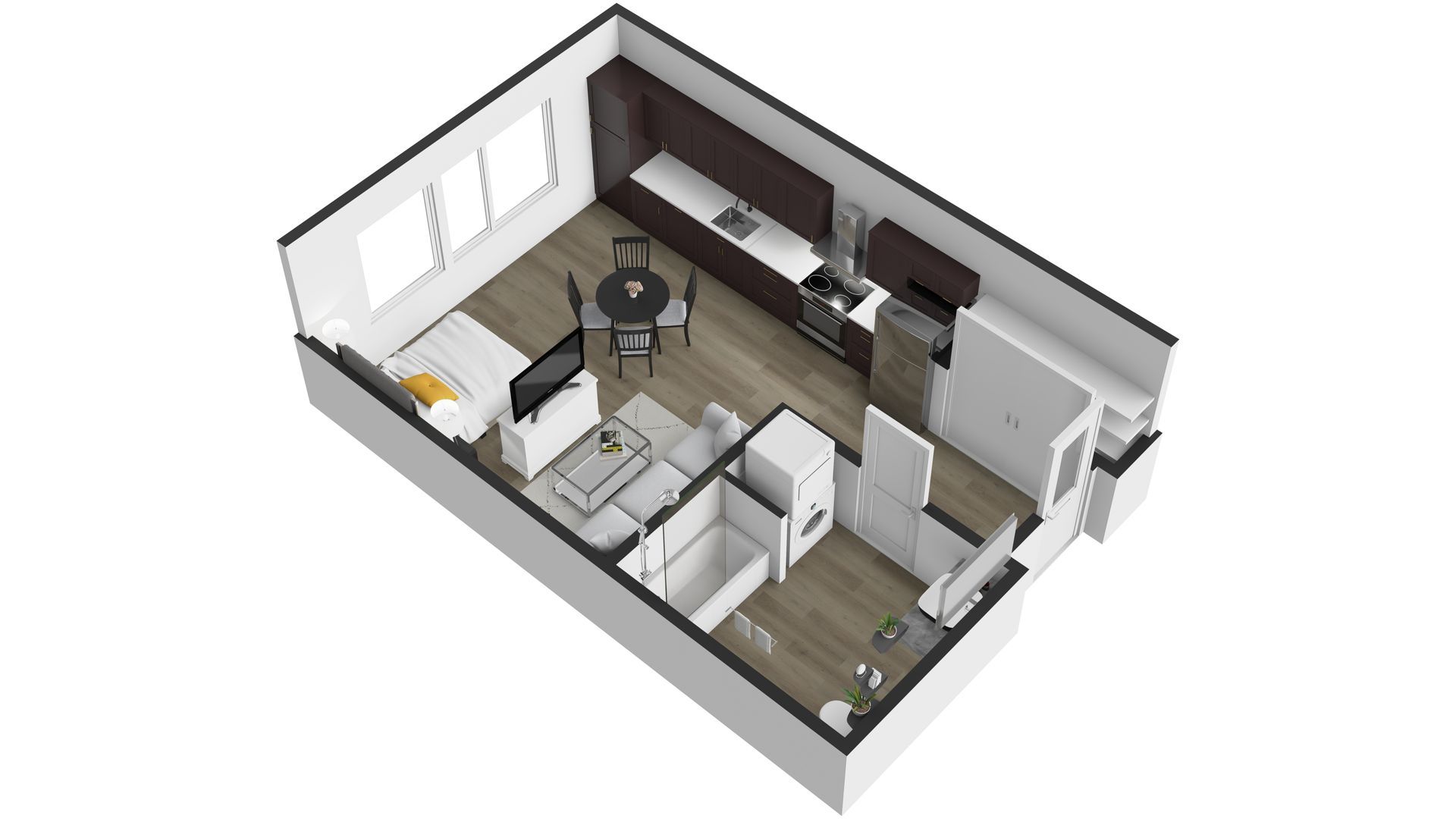 A 3d floor plan of a small apartment with a kitchen , living room , and dining room.