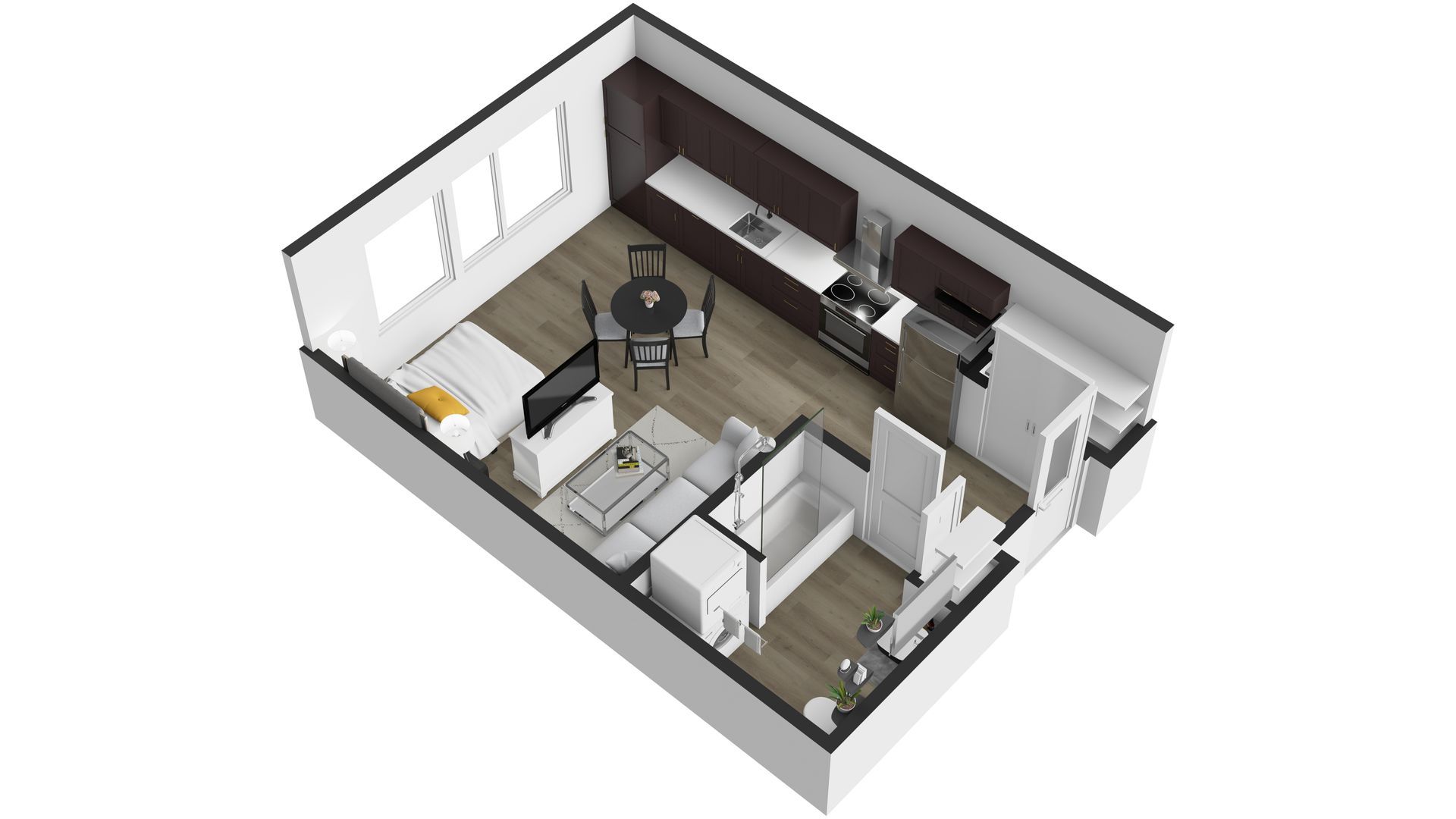 A 3d floor plan of a small apartment with a kitchen , living room , and dining room.