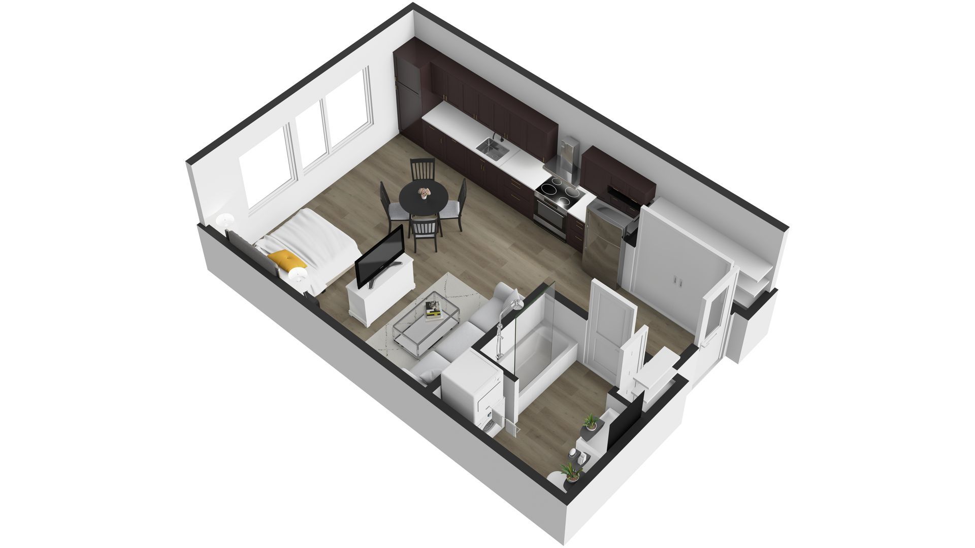 A 3d floor plan of a small apartment with a kitchen , living room , and dining room.