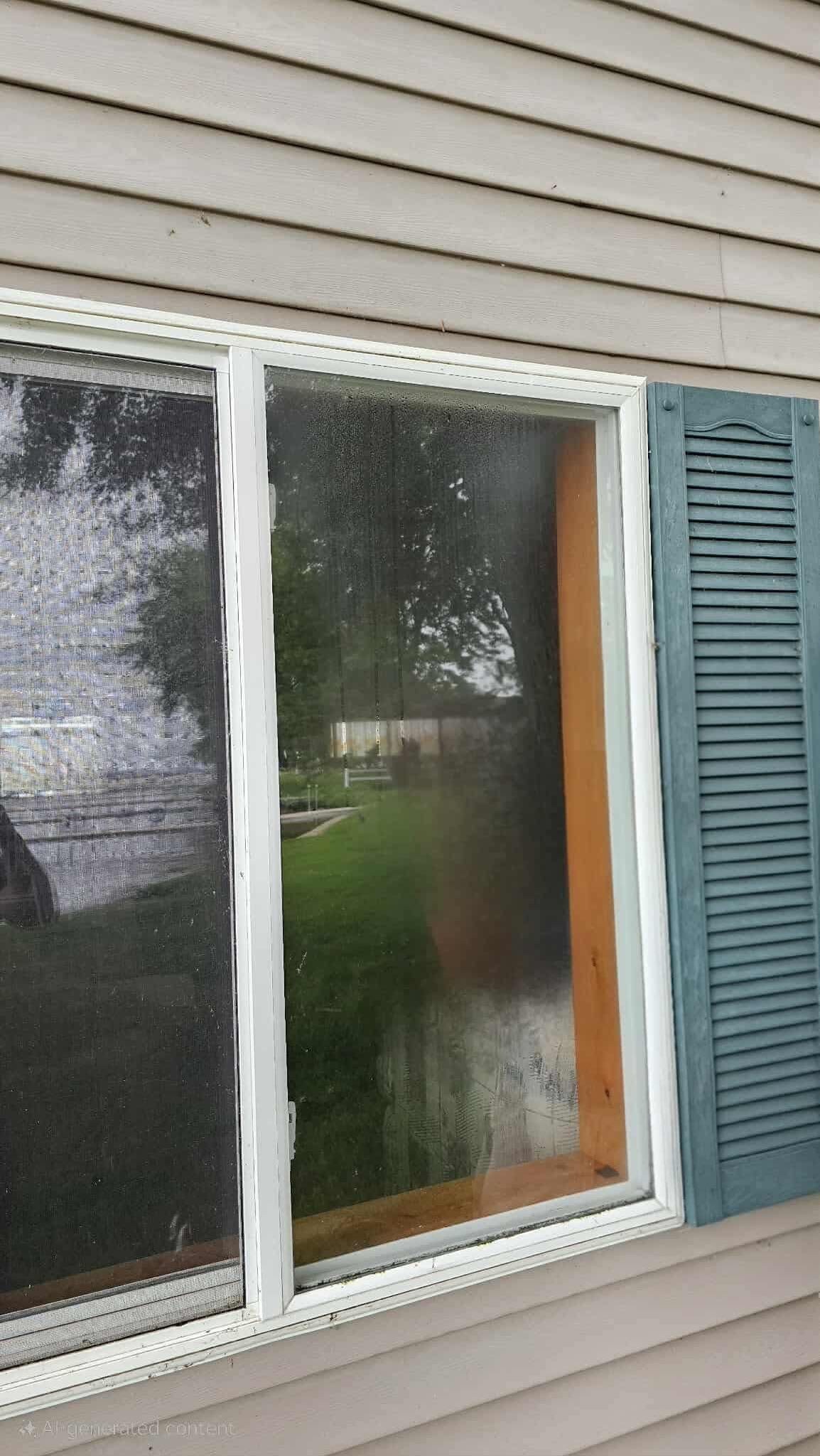 Window with white sealant, open wooden frame, and green shutters on gray siding.