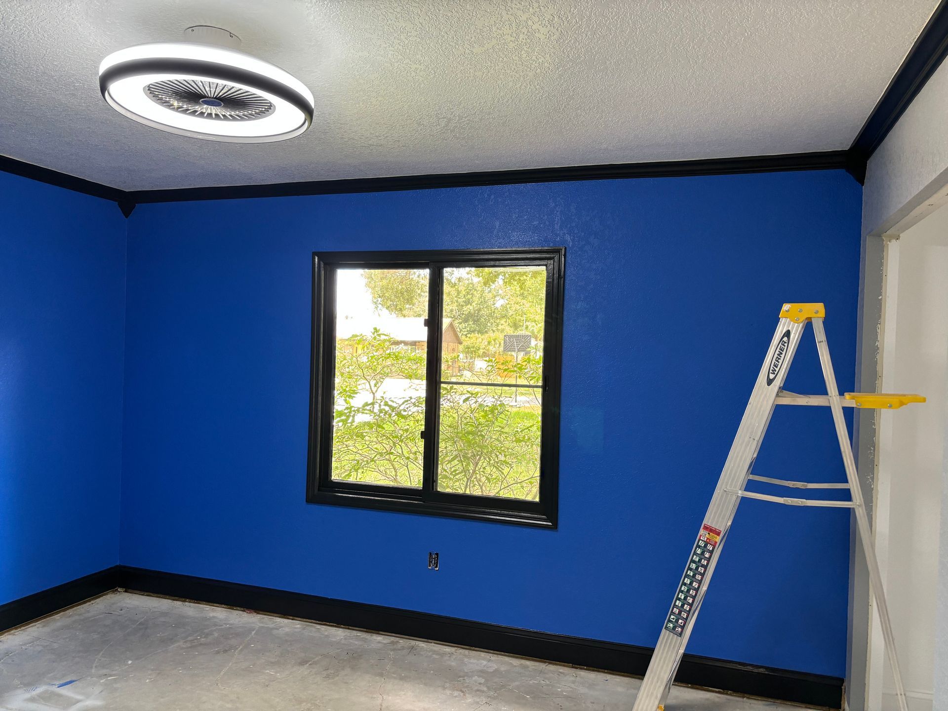 Blue painted room with black trim, window, and ladder.
