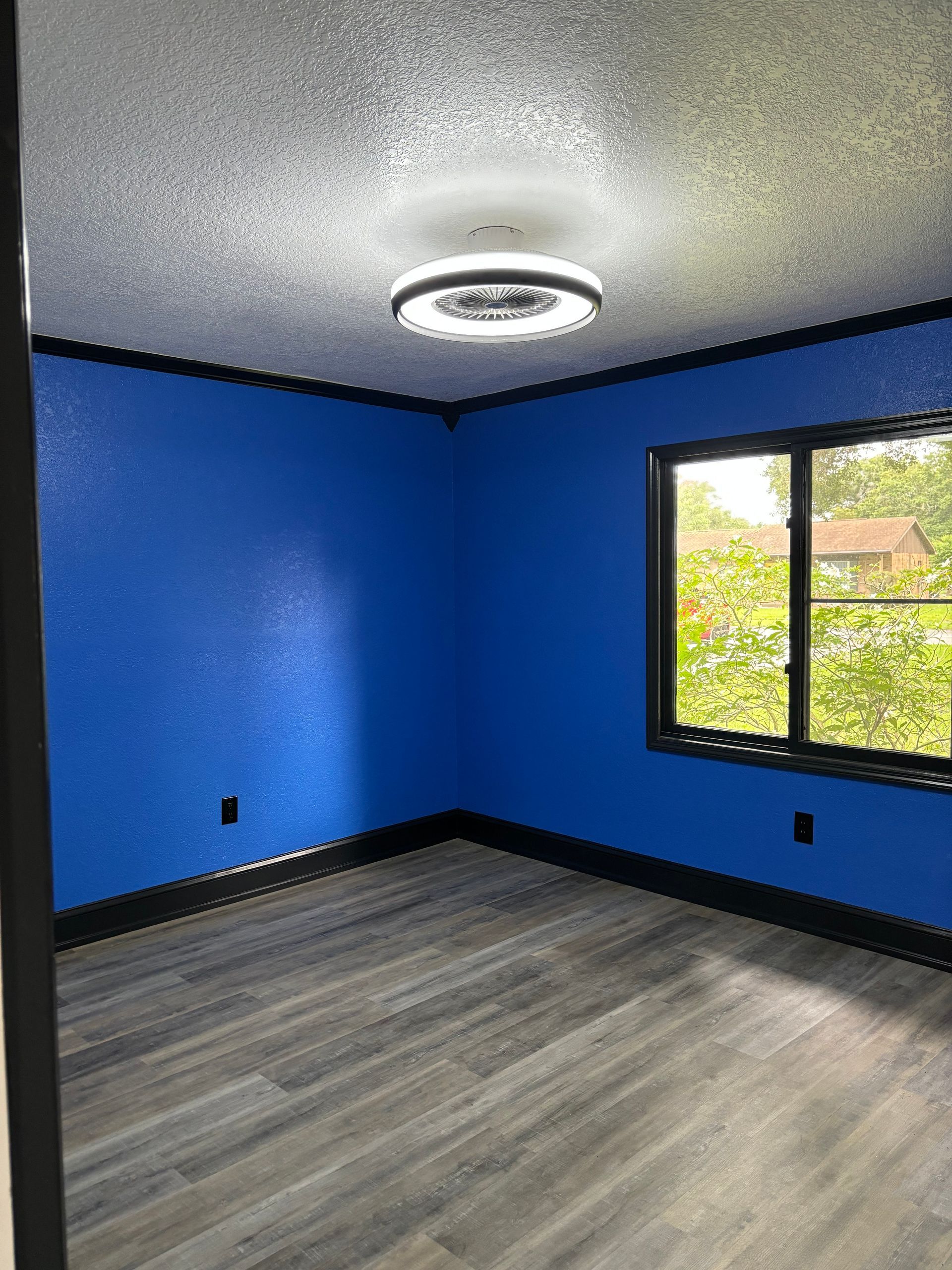 Blue bedroom with gray flooring, black trim, and a ceiling light. A window on the right.