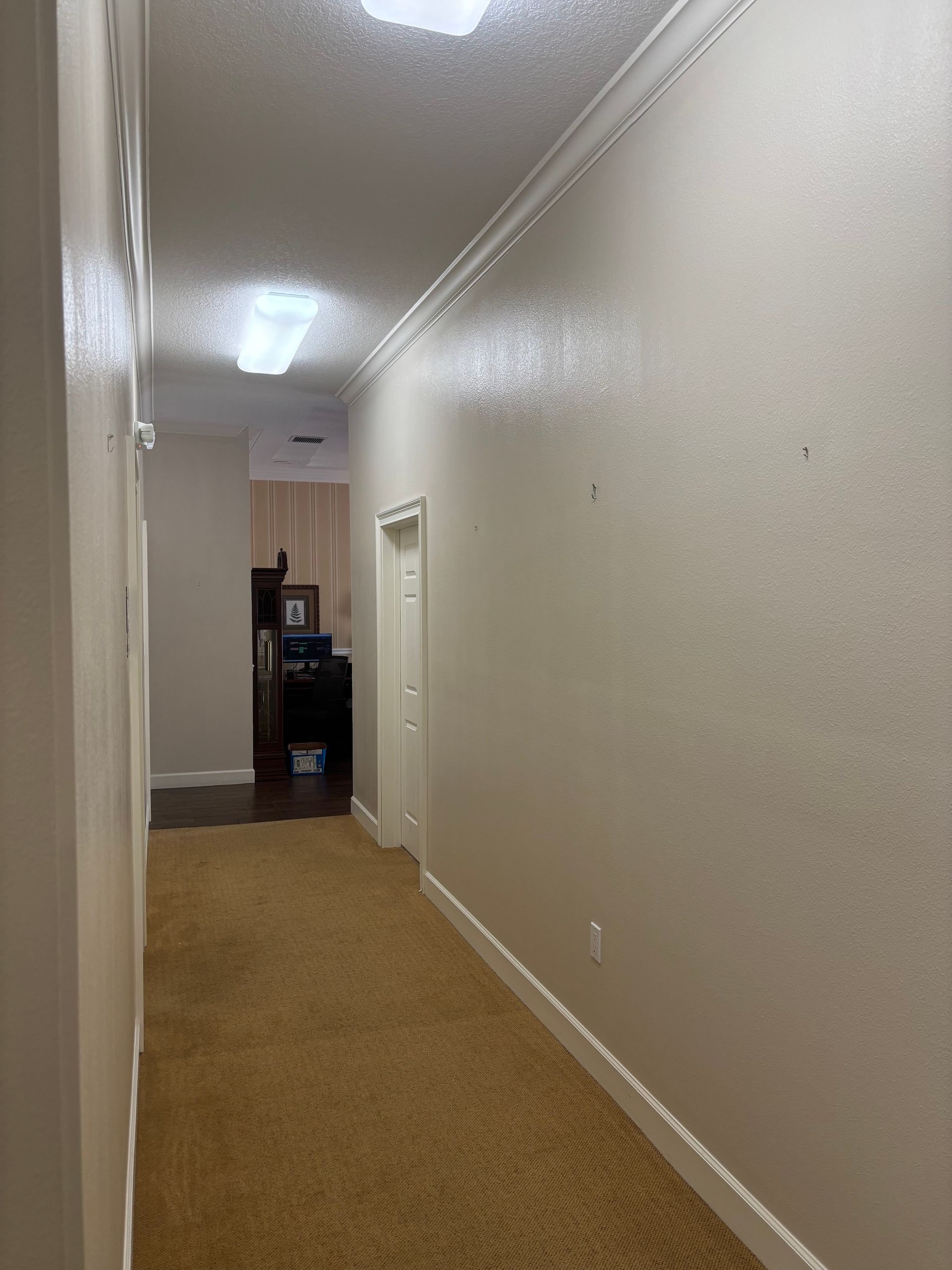 Long hallway with beige carpet and walls, white trim, and a doorway at the end.