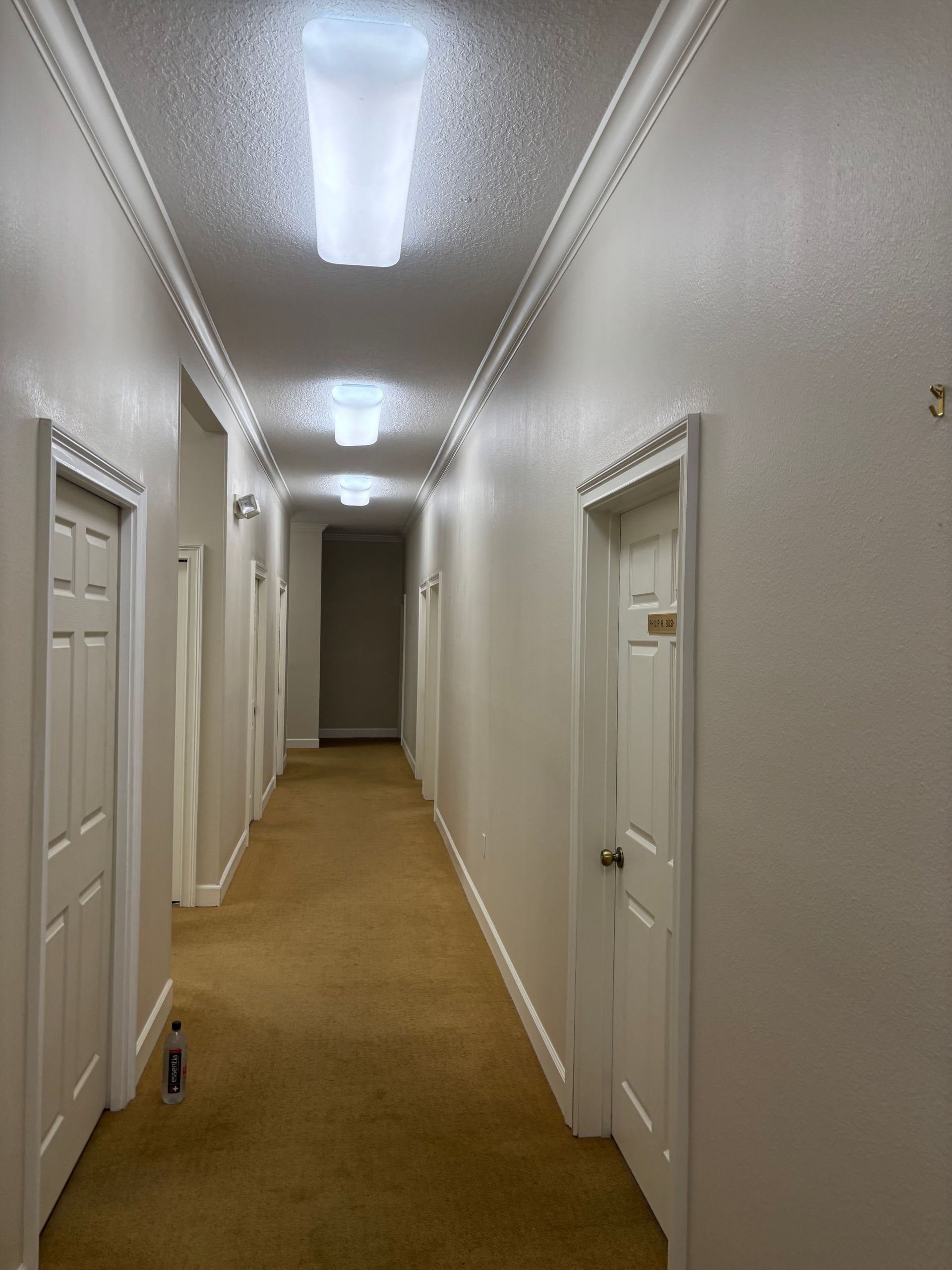 Long hallway with white doors, walls, and crown molding; three overhead lights.