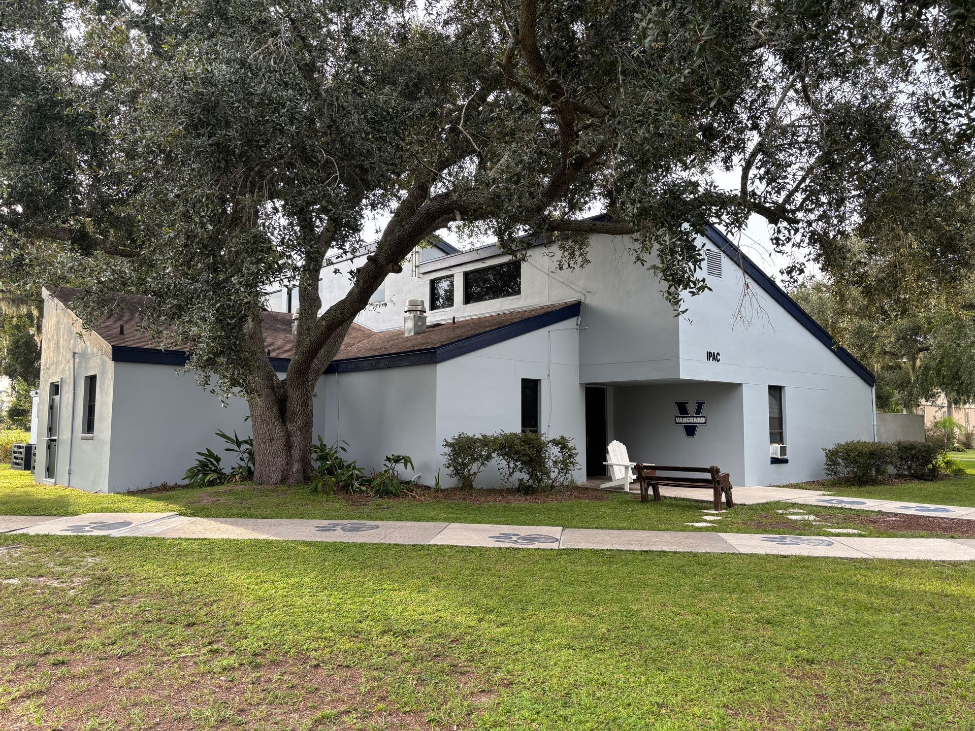 Blue building with dark blue trim, oak tree, bench, sidewalk on a grassy lawn.