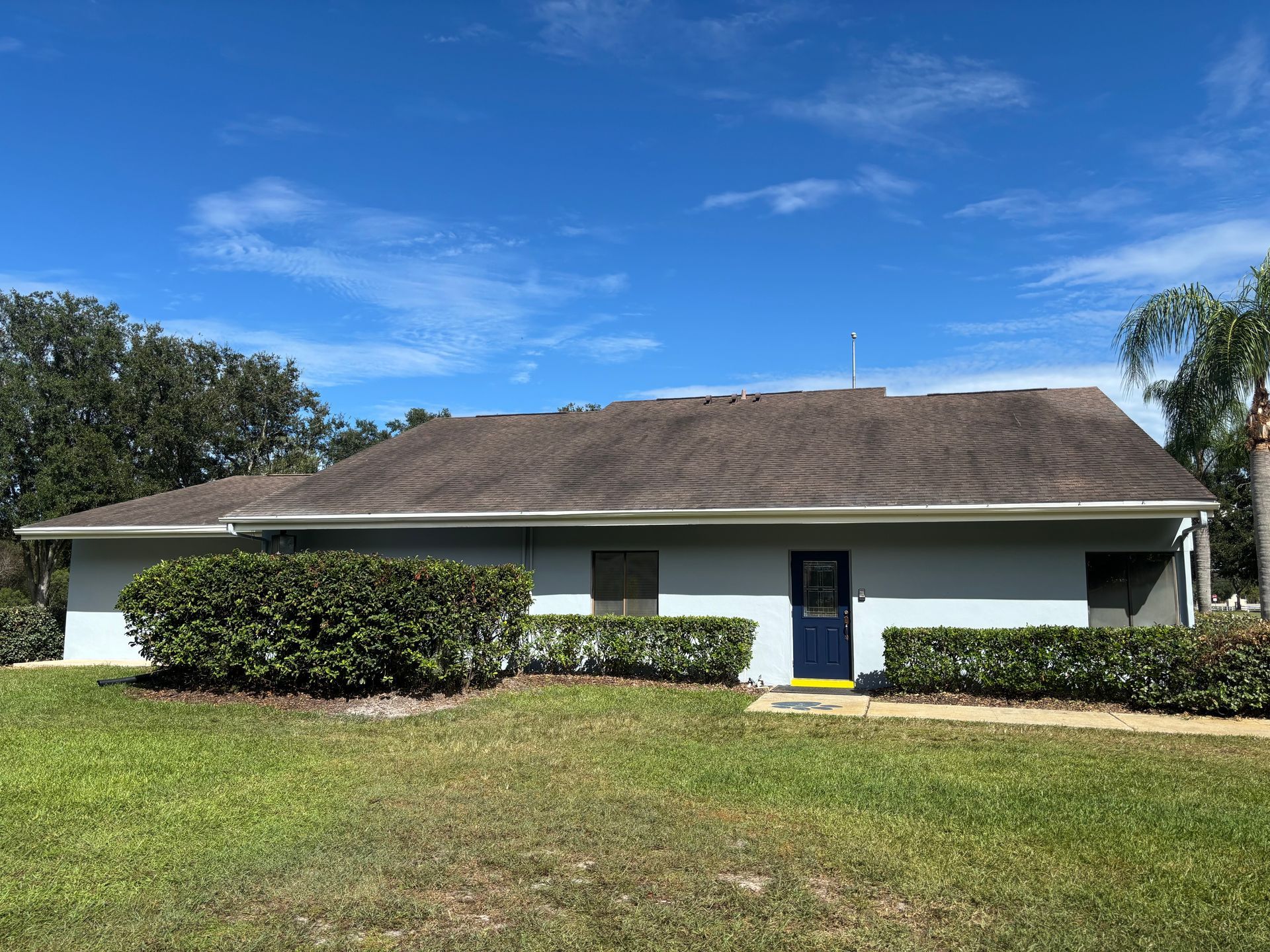 Blue building with dark, weathered roof, green bushes, and grass under a bright blue sky.