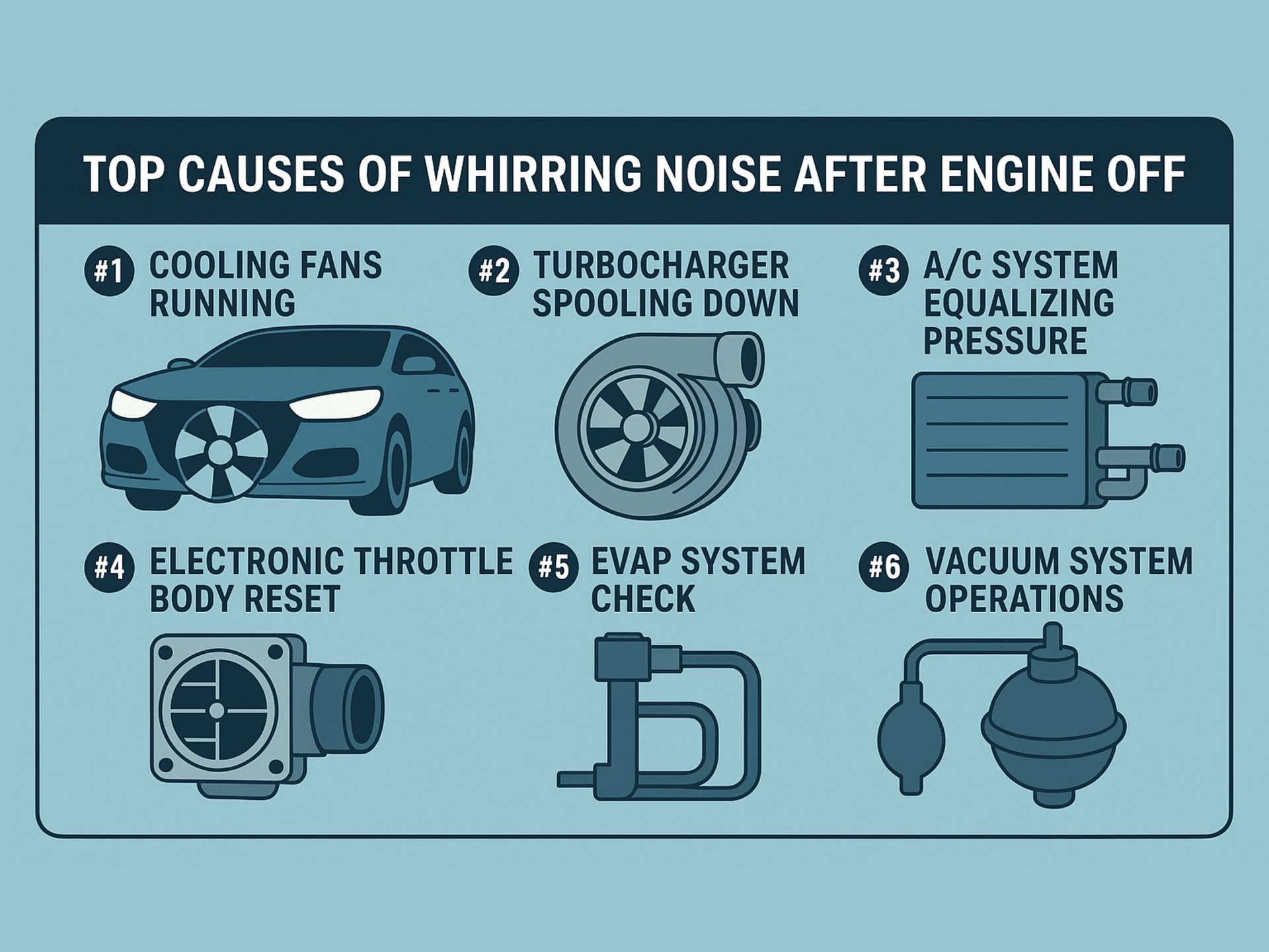 graphic of the top 6 reasons for whirring noise after turning off your engine