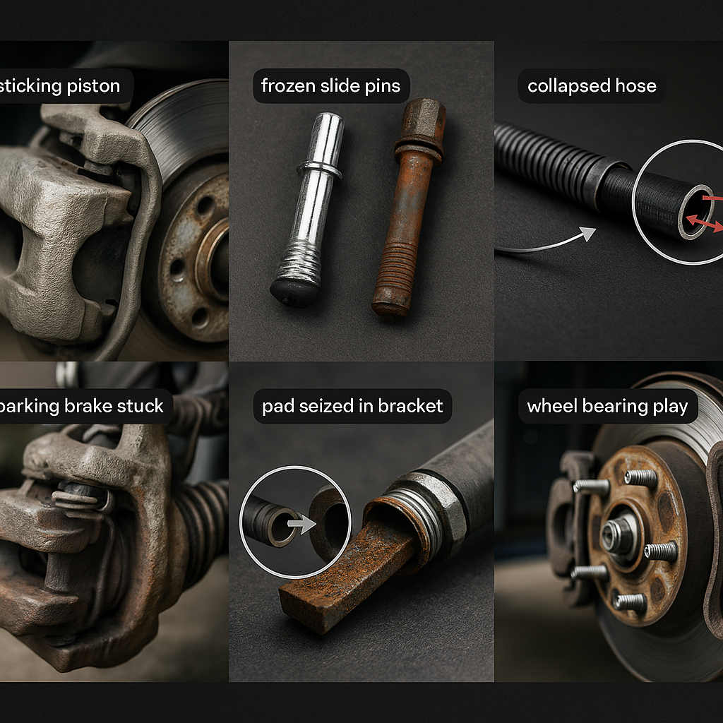 3x2 photo grid showing why one disc brake runs hot: sticking piston on caliper, frozen slide pins, collapsed brake hose cross-section, parking brake lever not fully released, pad seized in bracket from rust, and wheel bearing play at the hub