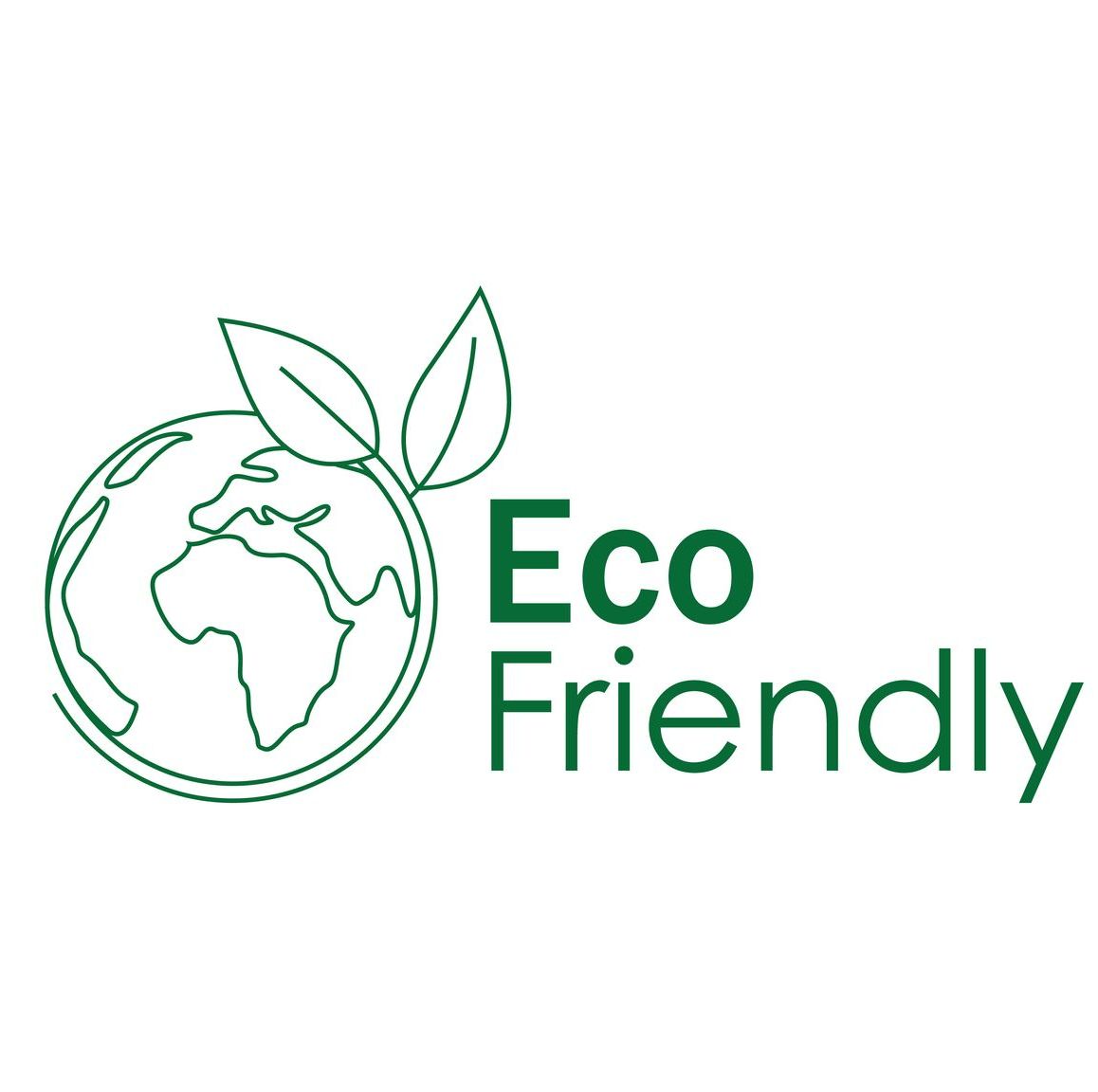 Green line art globe with leaves, text 