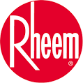 The rheem logo is in a red circle on a white background.