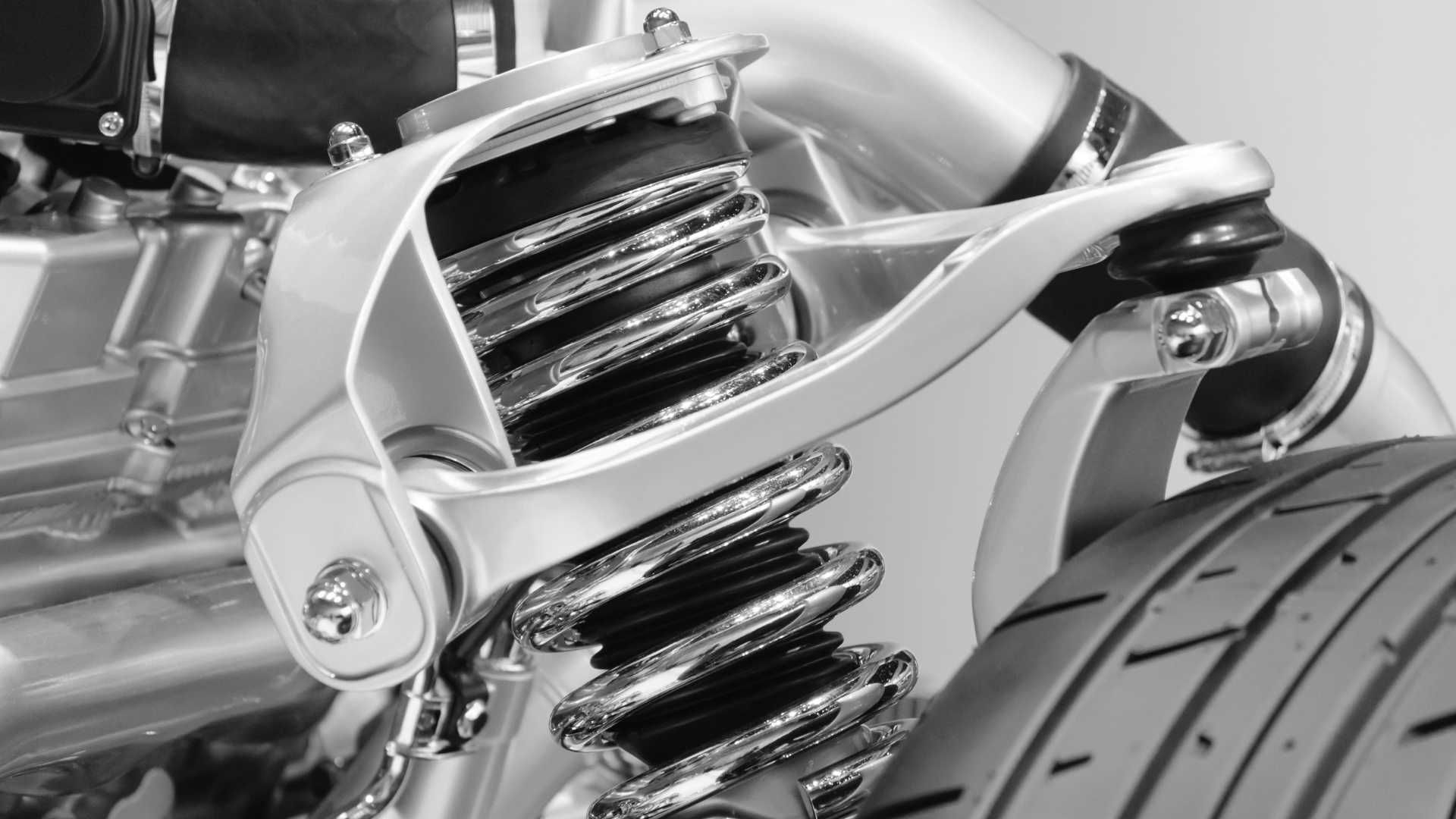 a car's shiny new suspension up-close