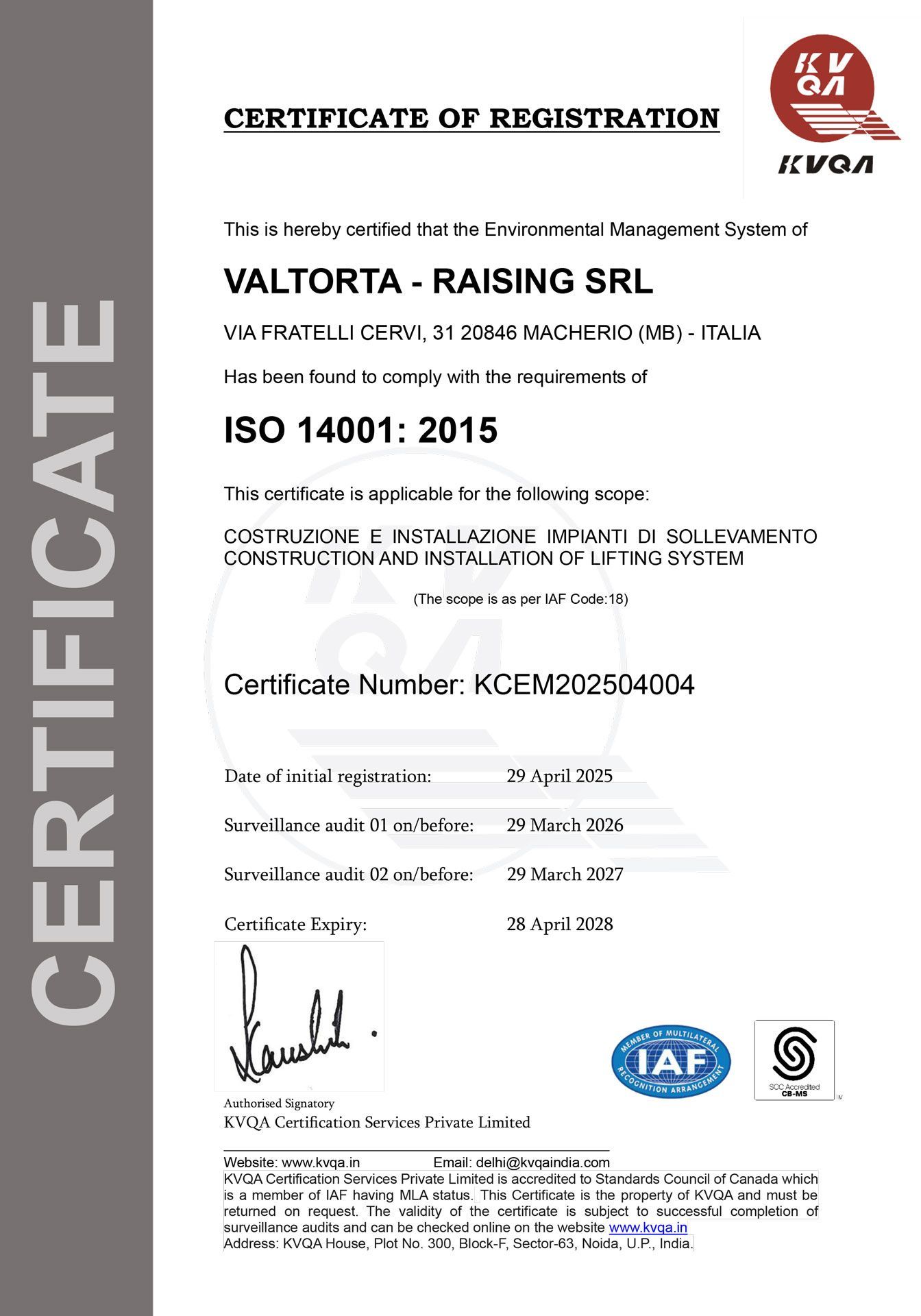 Certificato di Registrazione della VALTORTA - RAISING SRL, certificata secondo gli standard ISO 14001:2015, con timbri e firme ufficiali.