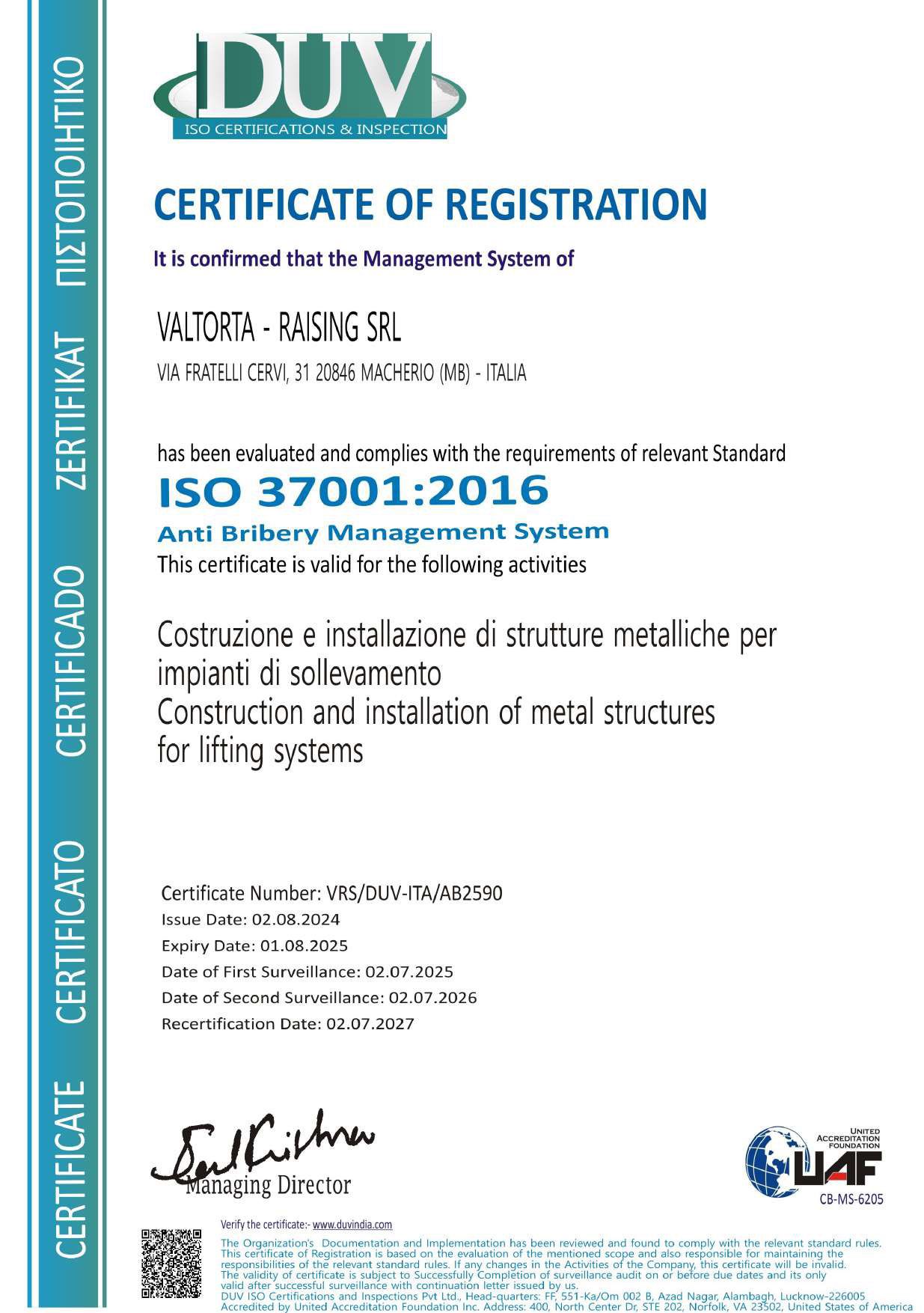 Certificato di registrazione DUV per SALTORIA-PASING SR, certificato ISO 37001:2016 per la costruzione di strutture metalliche.