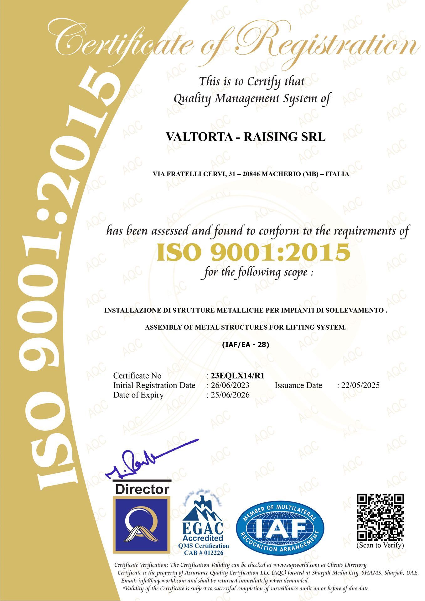 Certificato di registrazione ISO 9001:2015 per VALTORIA-RAISING SRL. Include la firma del direttore e i loghi di accreditamento.