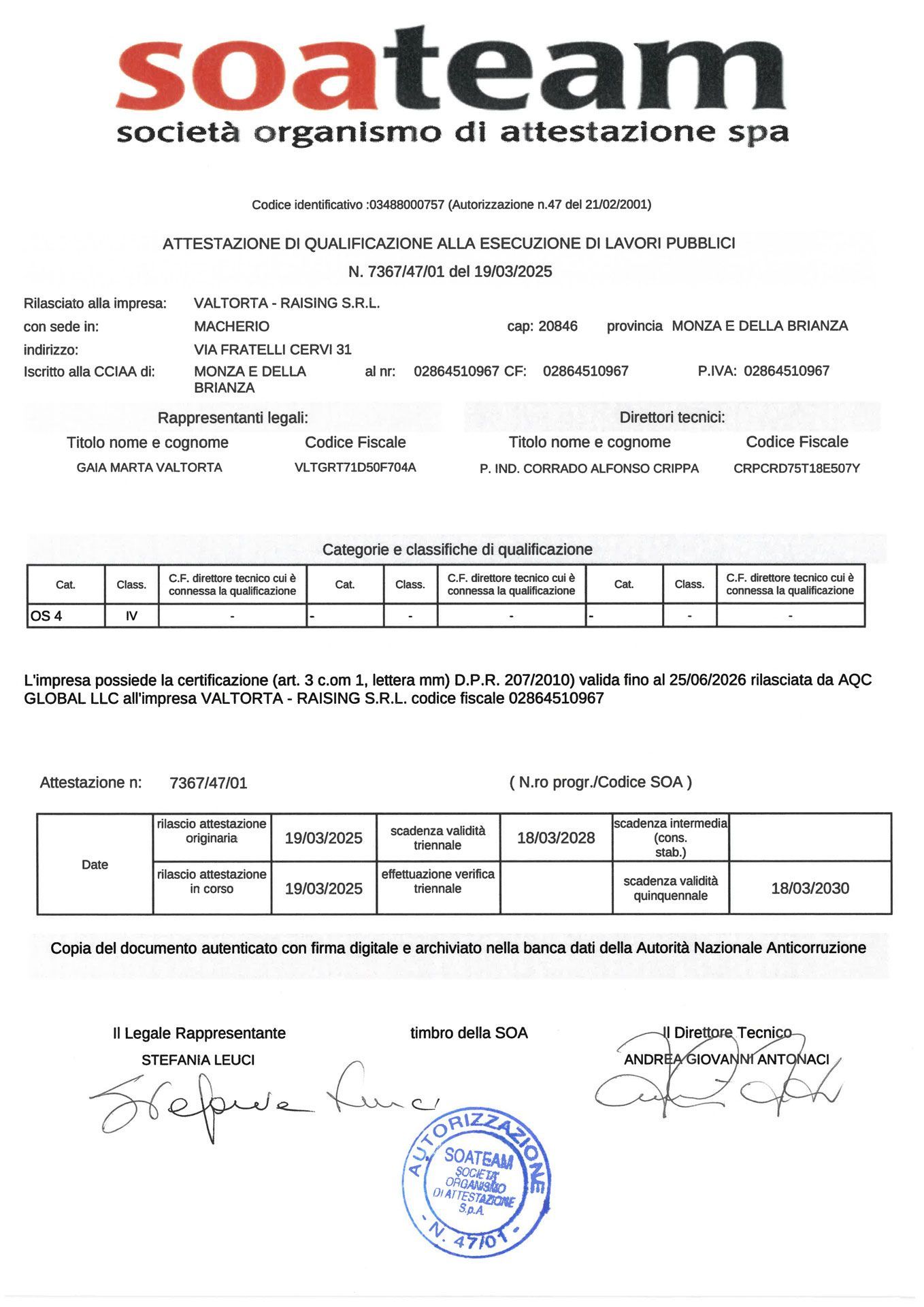 Certificato di qualificazione SOAteam; testo in italiano; firme e timbro.