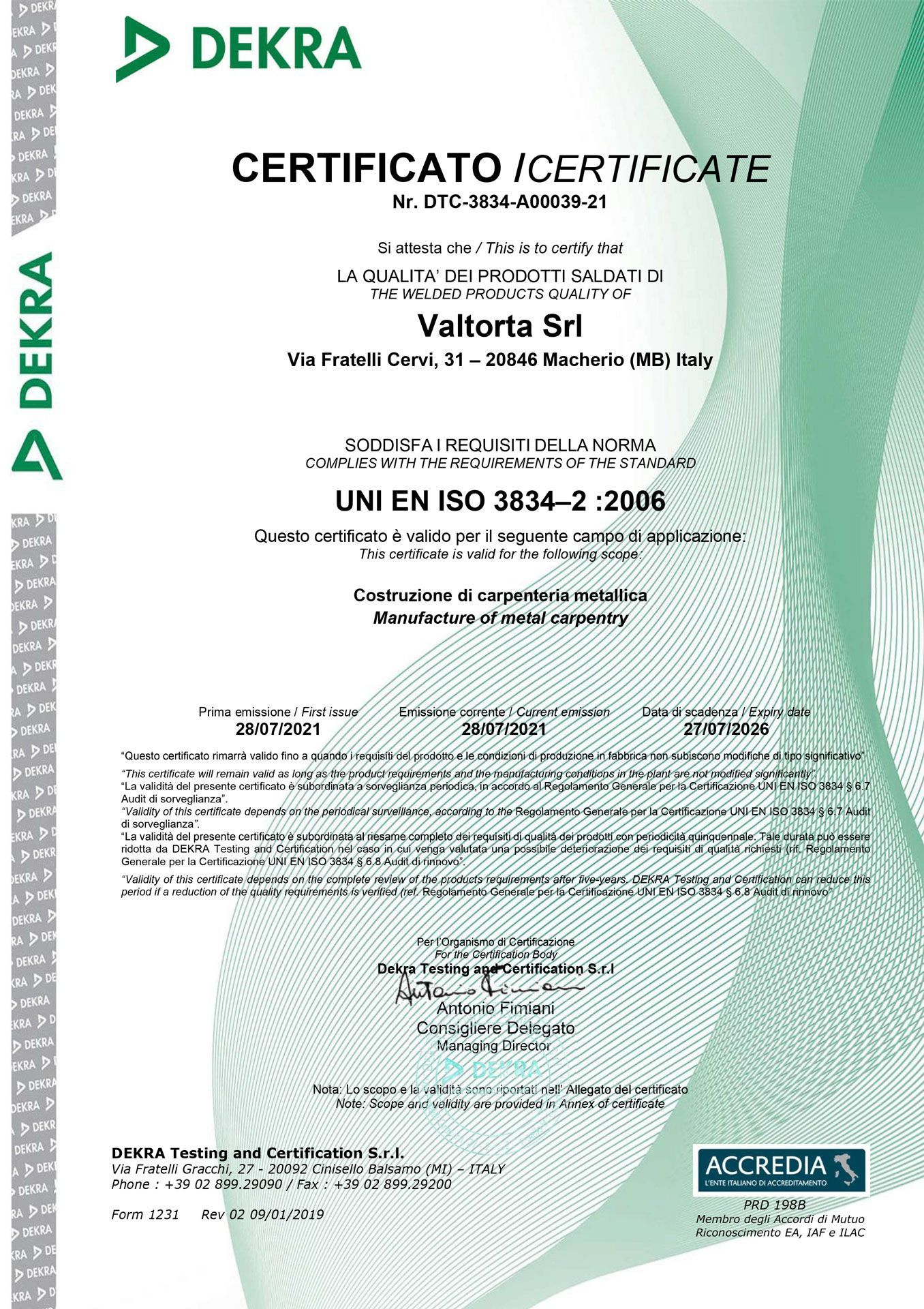 DEKRA ISO 3834-2:2006 certificate for Valtorta Srl, detailing accreditation.