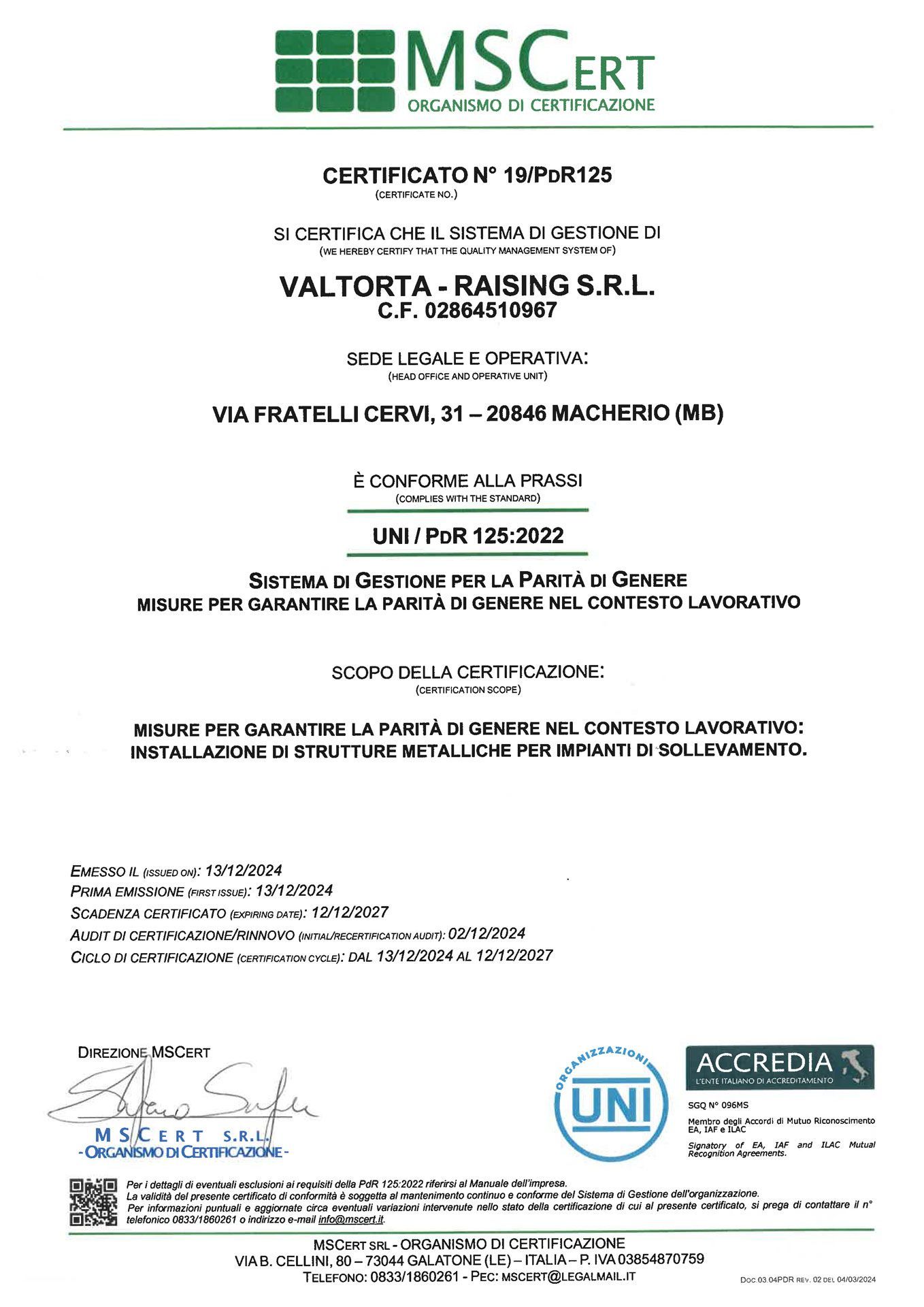 Certificato MSC-ERT per Valtorta-Raising SRL, con testo e loghi di accreditamento.