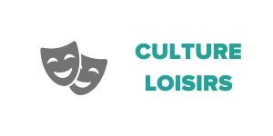 Deux masques de théâtre gris à côté des mots « CULTURE LOISIRS » en turquoise.