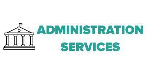 Illustration d'un bâtiment à colonnes avec l'inscription « SERVICES ADMINISTRATIFS » en turquoise.