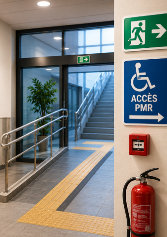 Cheminement accessible PMR dans un ERP avec rampe d’accès, bande podotactile