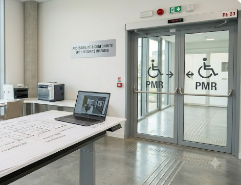 Entrée ERP accessible PMR avec portes automatiques