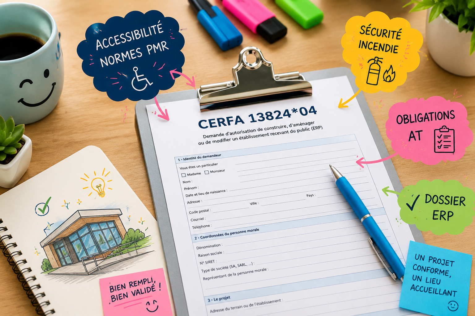 Formulaire CERFA 13824*04 pour ERP sur bureau avec accessibilité PMR, sécurité incendie 