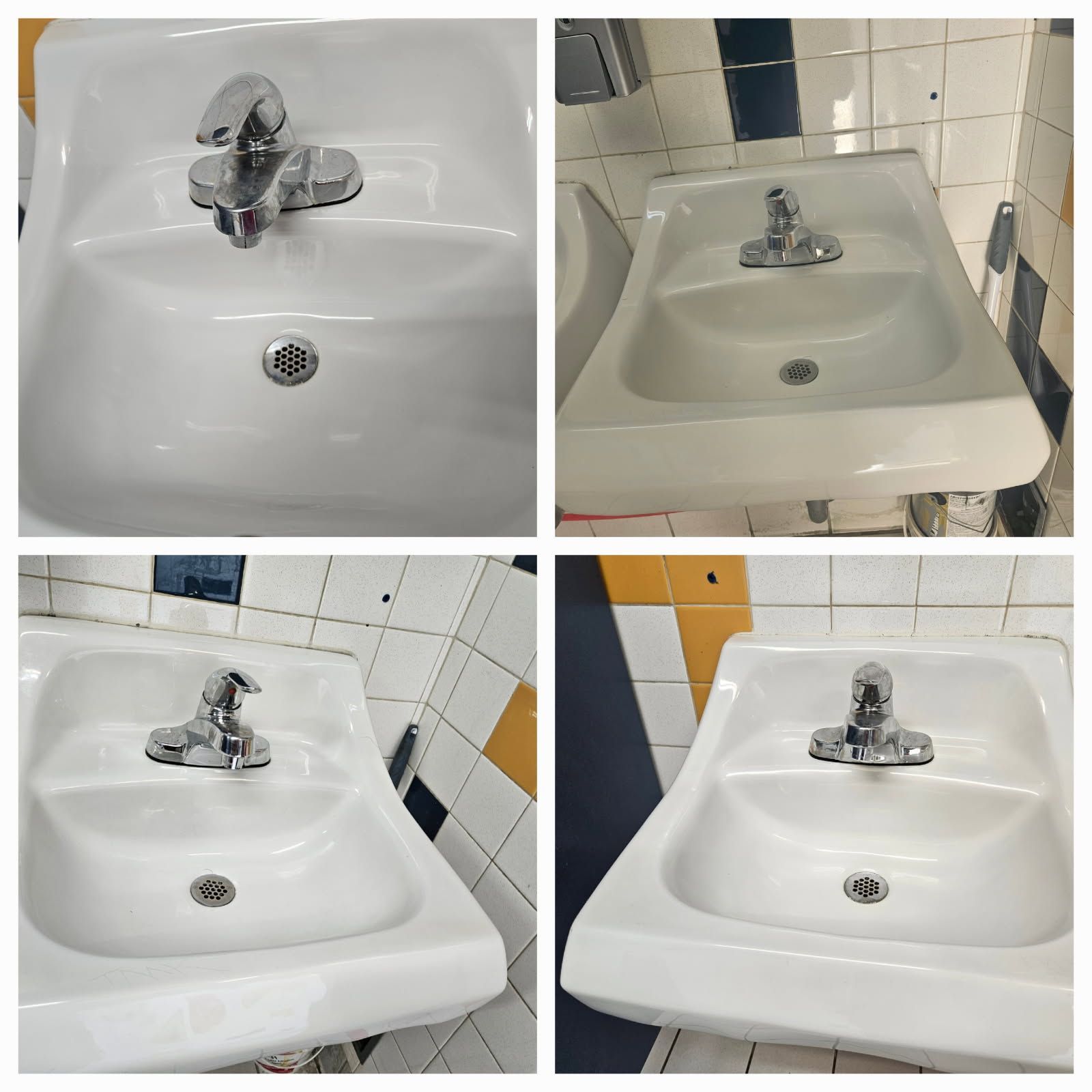 Four white ceramic sinks with chrome faucets, each mounted on a tiled wall, seen from different angles.