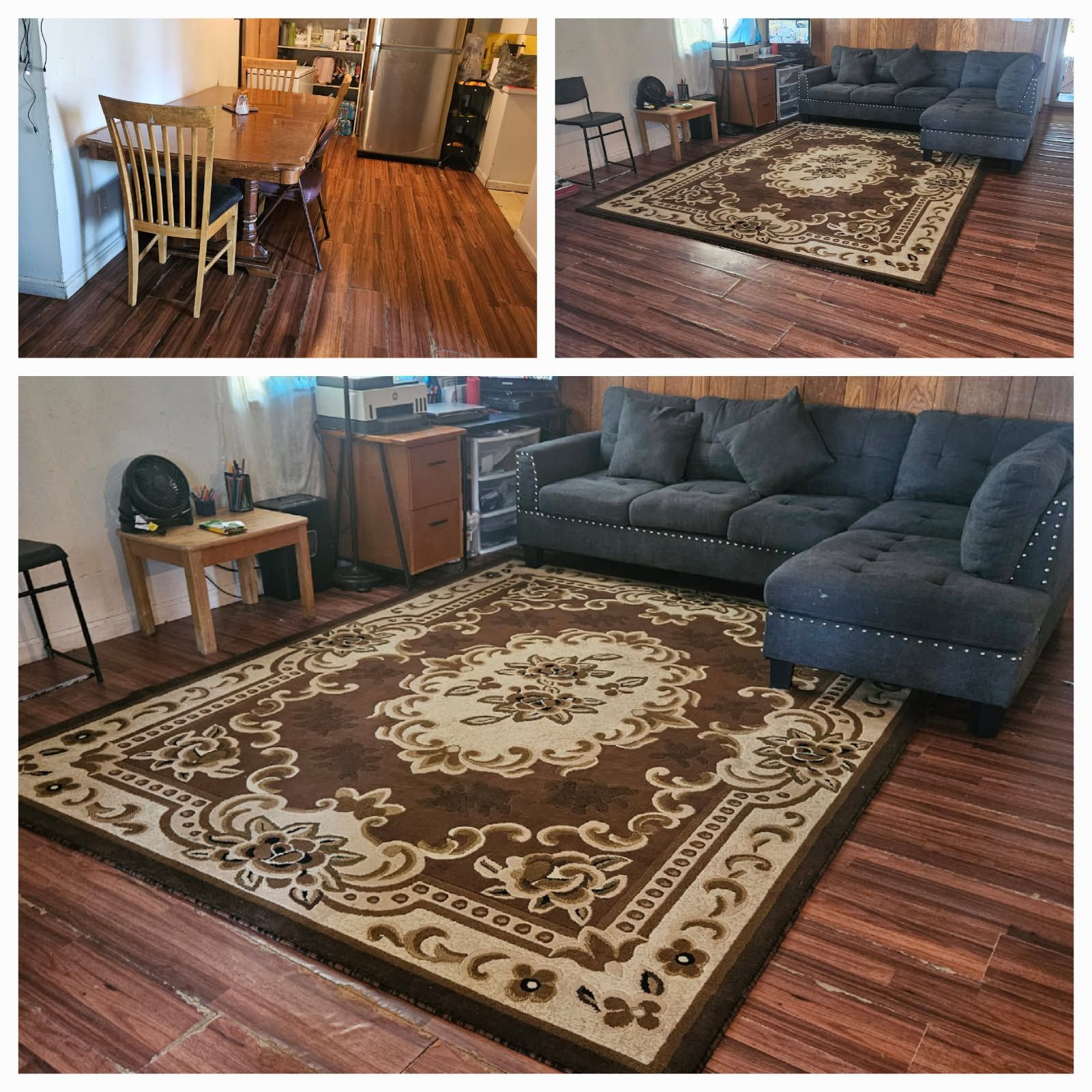 Three views of a living room with a brown floral rug, dark sofa, and a table with wooden floor.
